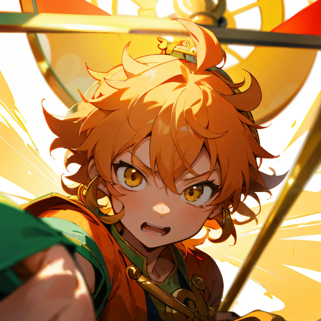 Sun Wukong, Monkey King, anime style portrait, anime cute art style, 2D anime style, cute art style, wearing crew clothing, holding a golden hoop on his head, cute expression, lifting his hand, holding the ship anchor, dynamic posture, bright colors,