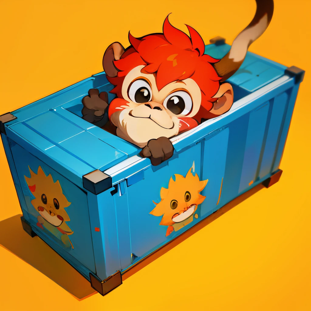 A cartoon monkey holding a shipping container, depicting Sun Wukong, with a minimalist and cute cartoon style. Best quality, ultra-detailed, photorealistic. Bright colors with a warm color tone. Soft and diffused lighting.