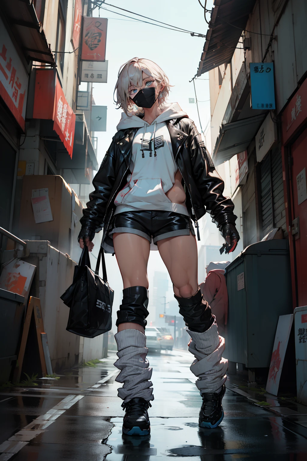 full body Esbian、1 girl in、void、Pretty eyes、Well-formed facial parts、Kamimei、Red face、black masks+Black mask with veloout、(top-quality、8K分辨率、masterpiece:1.3)、Focus Section: 1.2、Delicate and beautiful body 1.4、Ass 1.2、golden short hair 1.2、Chest 1.2、Wet clothes 1.1、Sateen、Street 1.3、Bando Dress 1.1、high detailed skin texture、Narrow-eyed、二重まぶた、Whitening skin、Shutdown 1.3、black open finger gloves、Black leather jacket and black leather shorts、long boots、White loose socks、Digital Cyberpunk Art、cyberpunked、Wearing a hoodie、Cyberpunk Art、clear light blue eyes、Cleanly fixes the whites of the eyes。