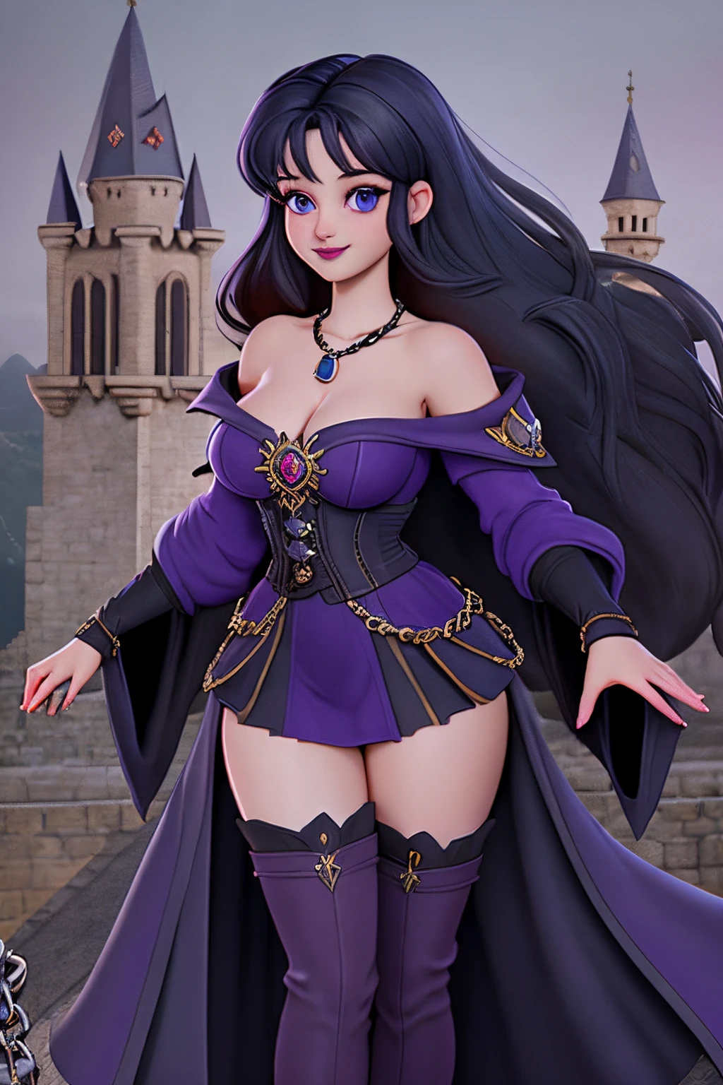 close up 1girl in, 20years, Solo, Aesthetic artwork, long dark blue hair, thick dark blue hair, Violet eyes, clear skin, pale skin, massive breasts, DD-Cup, cleavage, fit body, (round hips, thin waist: 1.25), (Sirius face, dark lipstick, mischievous smile:1.1), key necklace, (wearing full length wizard robes purple, corset, bare shoulders, thigh high boots, chains:1.1), (detailed Castle roof background:1.1), rooftop, overlooking medieval city, 4k textures, soft cinematic light, RAW intricate, elegant, highly detailed, sharp focus, soothing tones, insane details, intricate details, hyperdetailed, low contrast, soft light, exposure blend, hdr, faded