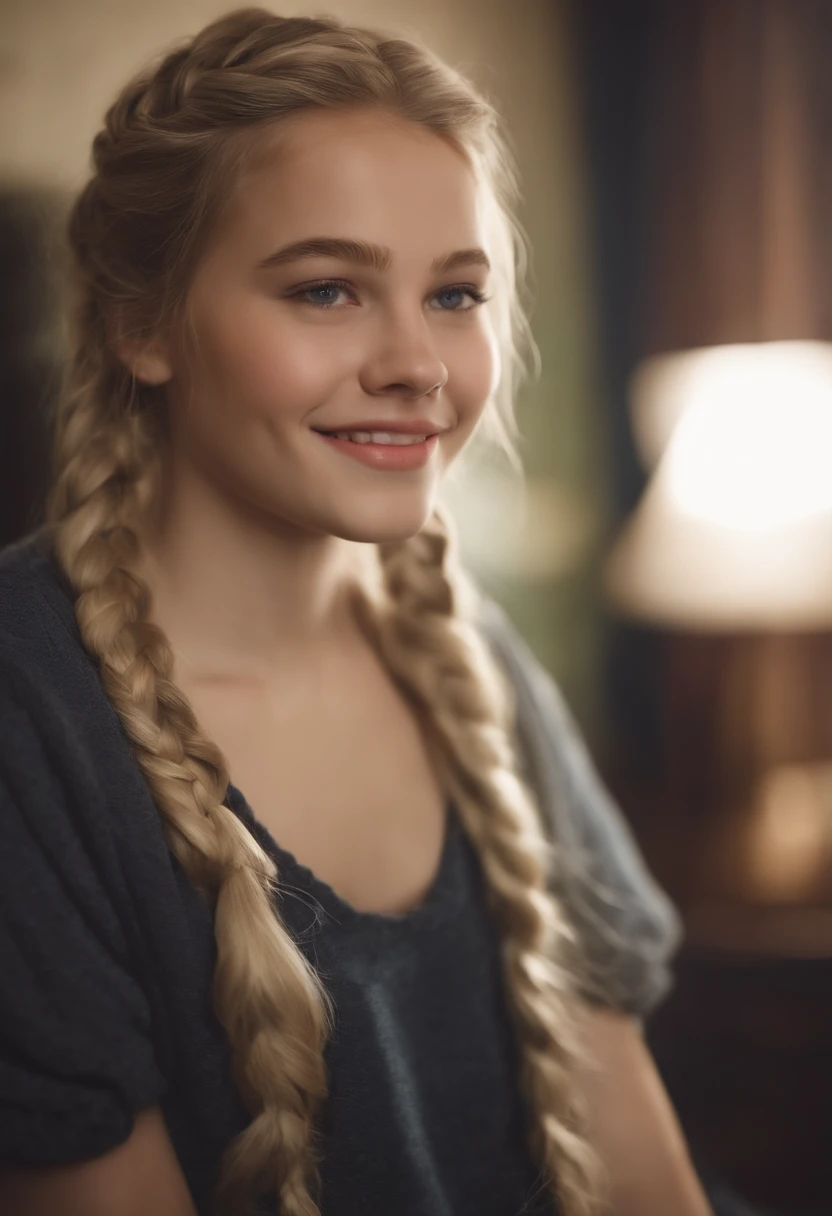 Young r gir, round face, bedroom, blonde hair, braid, smiling, very Pale skin
