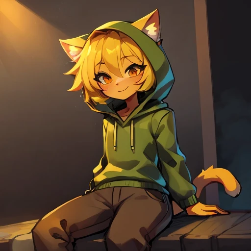 Yellow hair, Yellowish orange skin, green hoodie, brown pants, female, cat