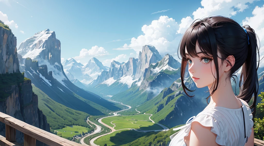 1 woman with dark hair, green eyes, beautiful face, beautiful eyes, pony tail, blue and white dress, nature, mountains, masterpiece, high quality, vivid colors