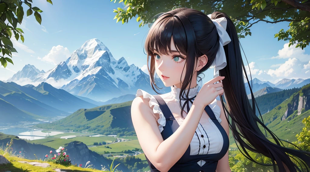 1 woman with dark hair, green eyes, beautiful face, beautiful eyes, pony tail, blue and white dress, nature, mountains, masterpiece, high quality, vivid colors