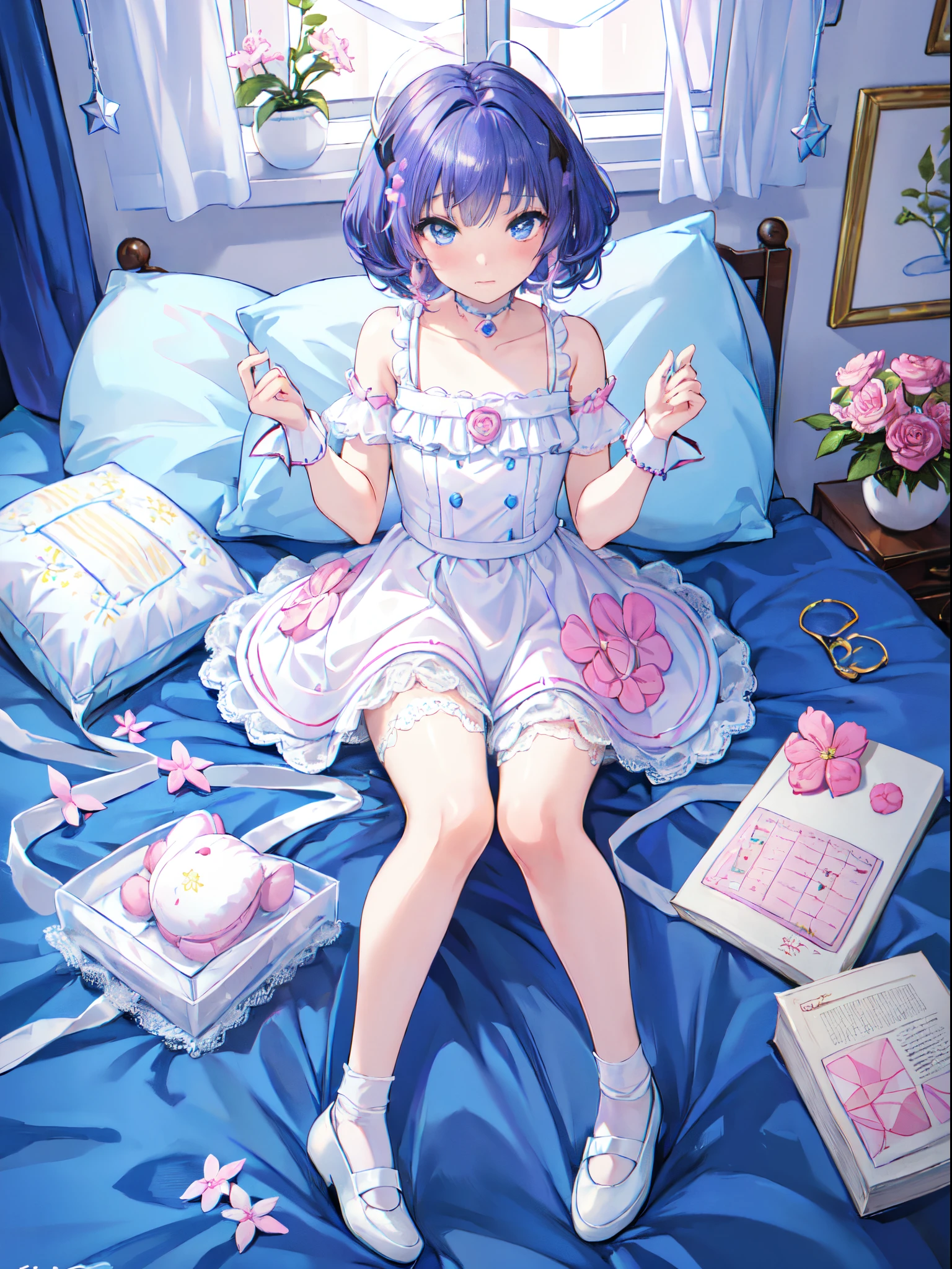 absurderes,(​masterpiece、top-quality、8K ),intricate detailes,ultra-detailliert、1 cute beautiful boy at 、((trap,femboy,Man's daughter:1.4)),Shota、Male Focus,embarrassed from、silber hair、Pattsun bangs、Short hairstyle、blouse with white frills、White shorts、white knee highs、on the bed、Cute stuffed rabbit、Large white lace pillow、pink curtain、Bay window、Flowers in a vase、Hyper realistic,Perfect Anatomy