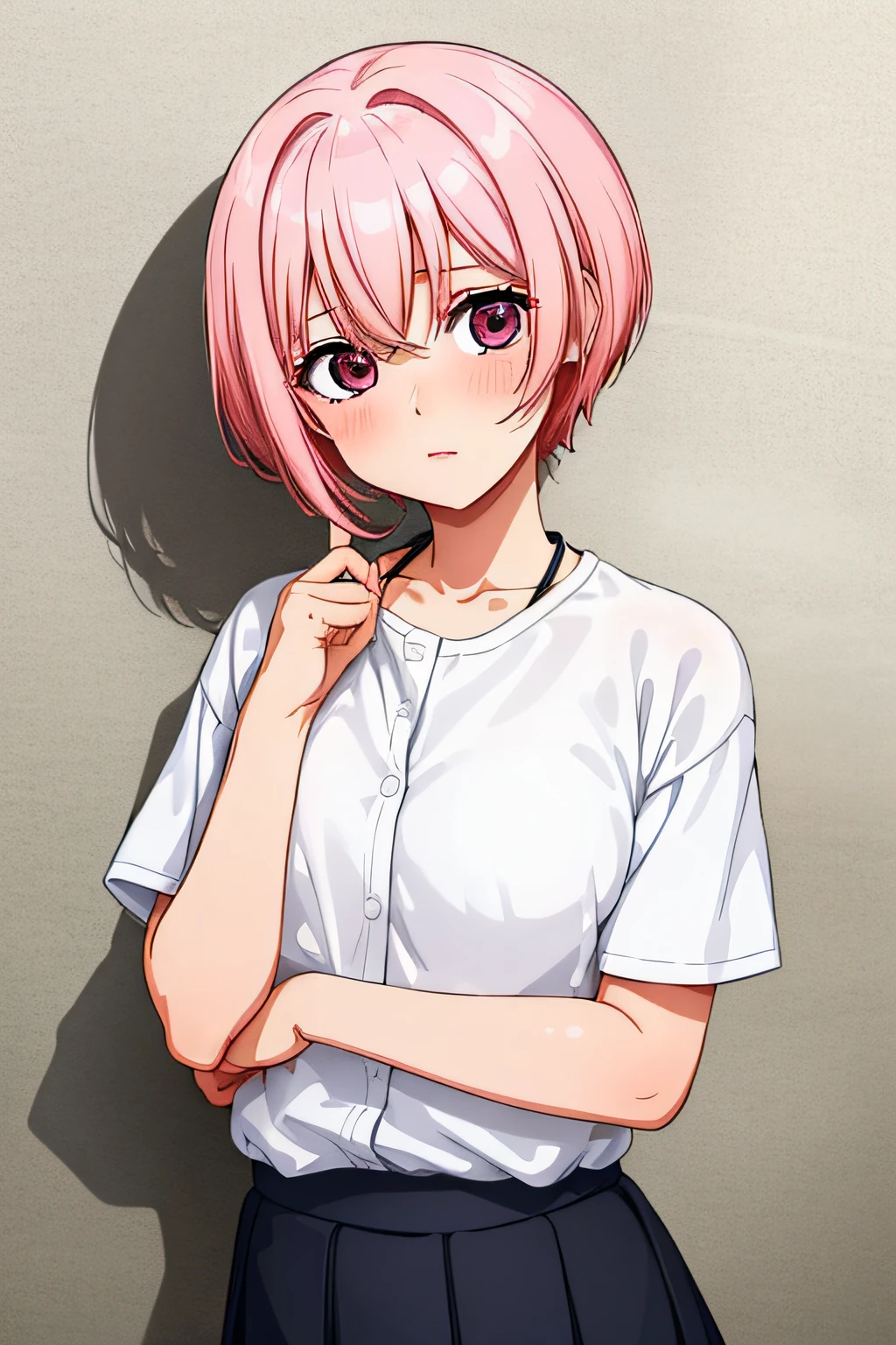 neocoill, obra maestra, mejor calidad, 1girl,school clothes beautiful angel face very detailed very cute eyes short pink hair black eyes thin small breasts cute super cute and shy but adorable attitude small height like a super adorable anime girl in different poses be a shy dog