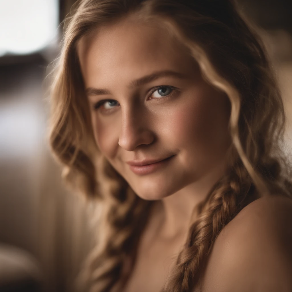 Young r gir, round face, bedroom, blonde hair, braid, smiling, very Pale skin