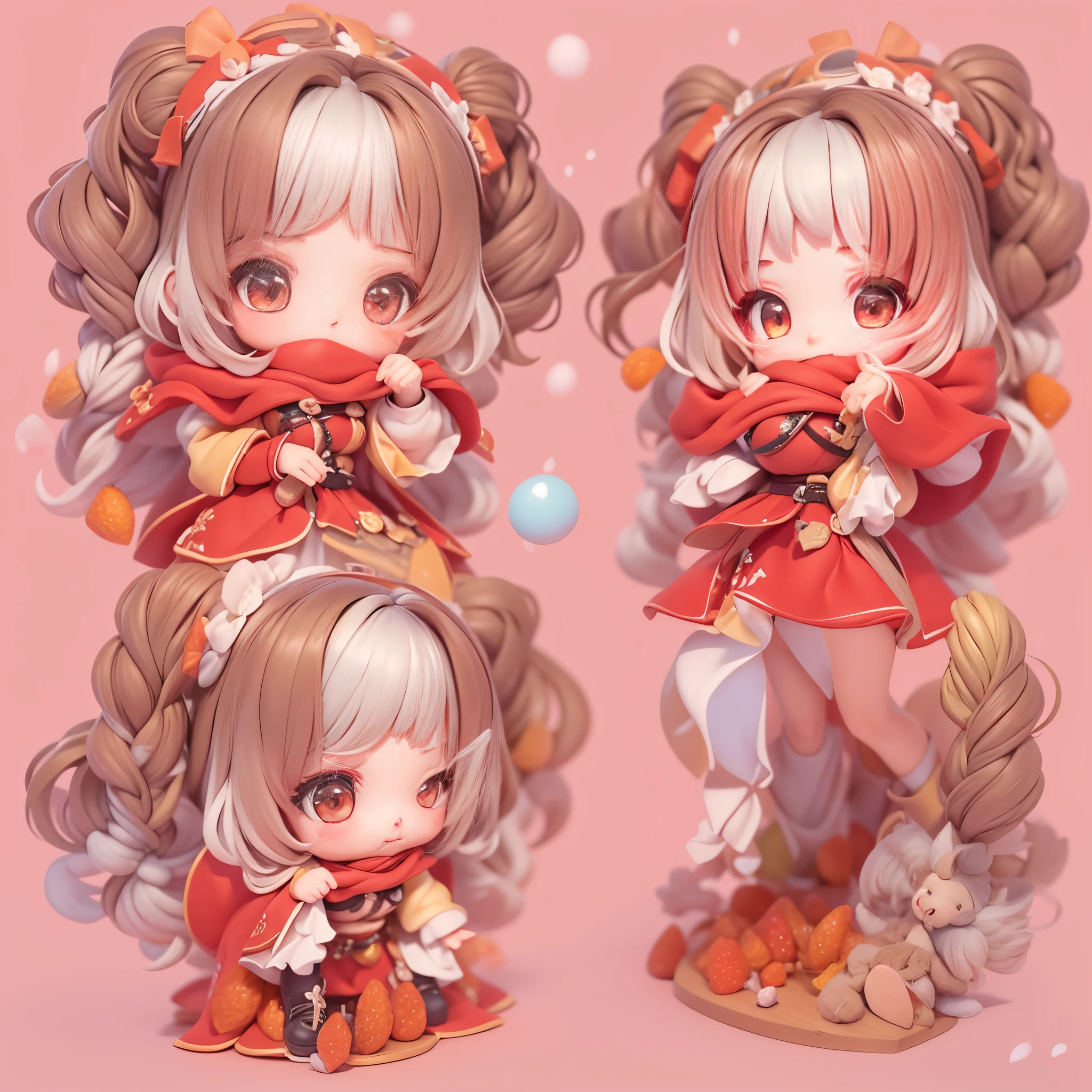 (tmasterpiece), (Better quality), (ultra - detailed), (full bodyesbian: 1.2) A five-year-old girl, (chibi anime), in red robe,(((cute big breasts)))littleredridinghood,(pale brown hair,Exquisite braids,Double up braid),full body,full bodyesbian,She hugged:Bar full of fruits,(Full body photo:1.4),(Wearing:Sophisticated red hooded dress,red head band, red long skirt,laced dress,White socks,Black leather shoes,(Complicated details:1.1), ),Eye depiction,Exquisite Hair,Bubble Mart Blind Box,Clay texture,Step on the ground,light and delicate, clear smile, full bodyesbian:3, multicolour hair, short, far away, funk, modern, modern accessories, simple backgound,Pastel tonal background , Colorful and simple,Add base,1 person:1.6