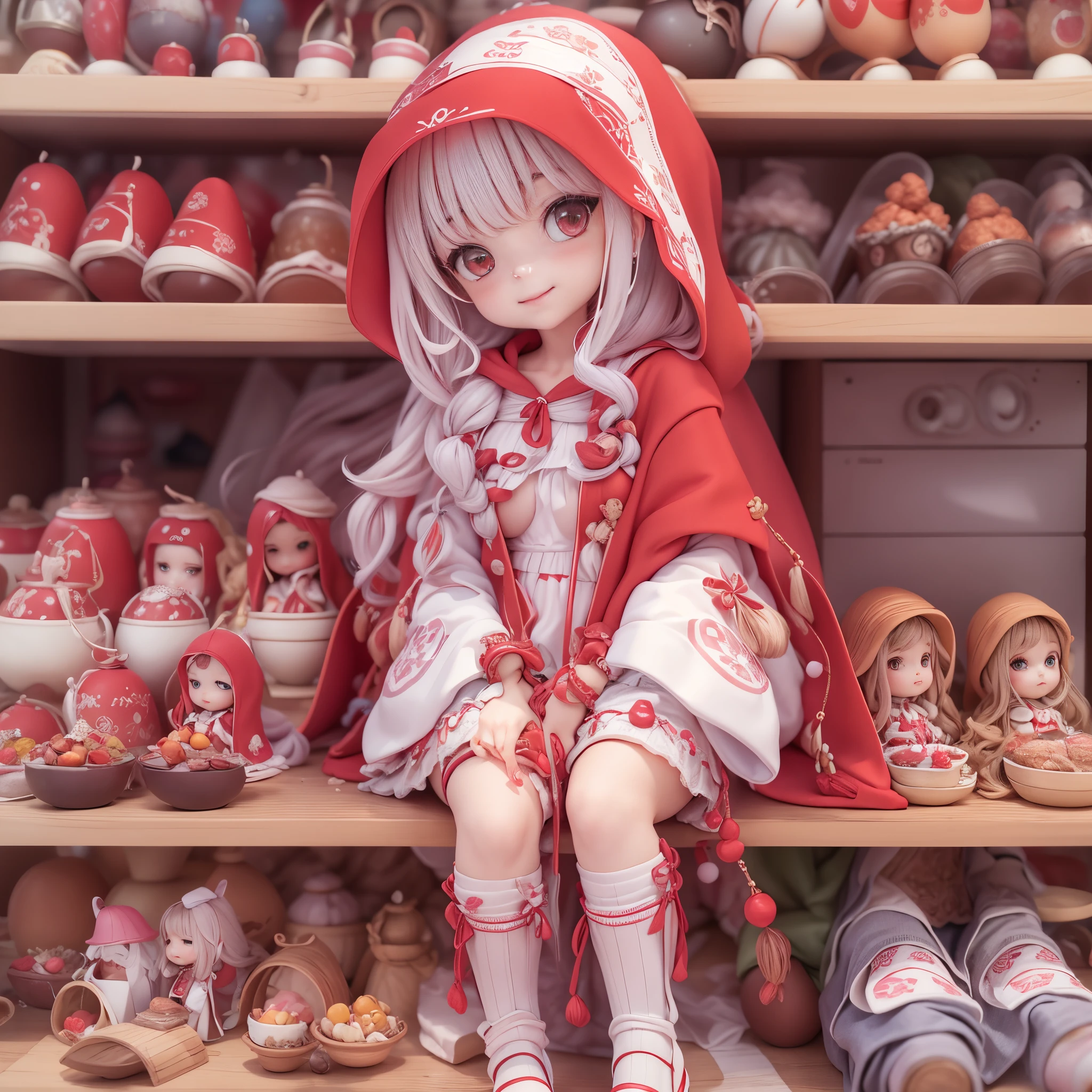 (tmasterpiece), (Better quality), (ultra - detailed), (full bodyesbian: 1.2) A five-year-old girl, (chibi anime),little girl in red robe,(((cute big breasts)))littleredridinghood,(pale brown hair,Exquisite braids,Double up braid),full body,full bodyesbian,She hugged:Bar full of fruits,(Full body photo:1.4),(Wearing:Sophisticated red hooded dress,red head band, red long skirt,laced dress,White socks,Black leather shoes,(Complicated details:1.1), ),Eye depiction,Exquisite Hair,Bubble Mart Blind Box,Clay texture,Step on the ground,light and delicate, clear smile, full bodyesbian:3, multicolour hair, short, far away, funk, modern, modern accessories, simple backgound,Pastel tonal background , Colorful and simple,Add base,1 person:1.6