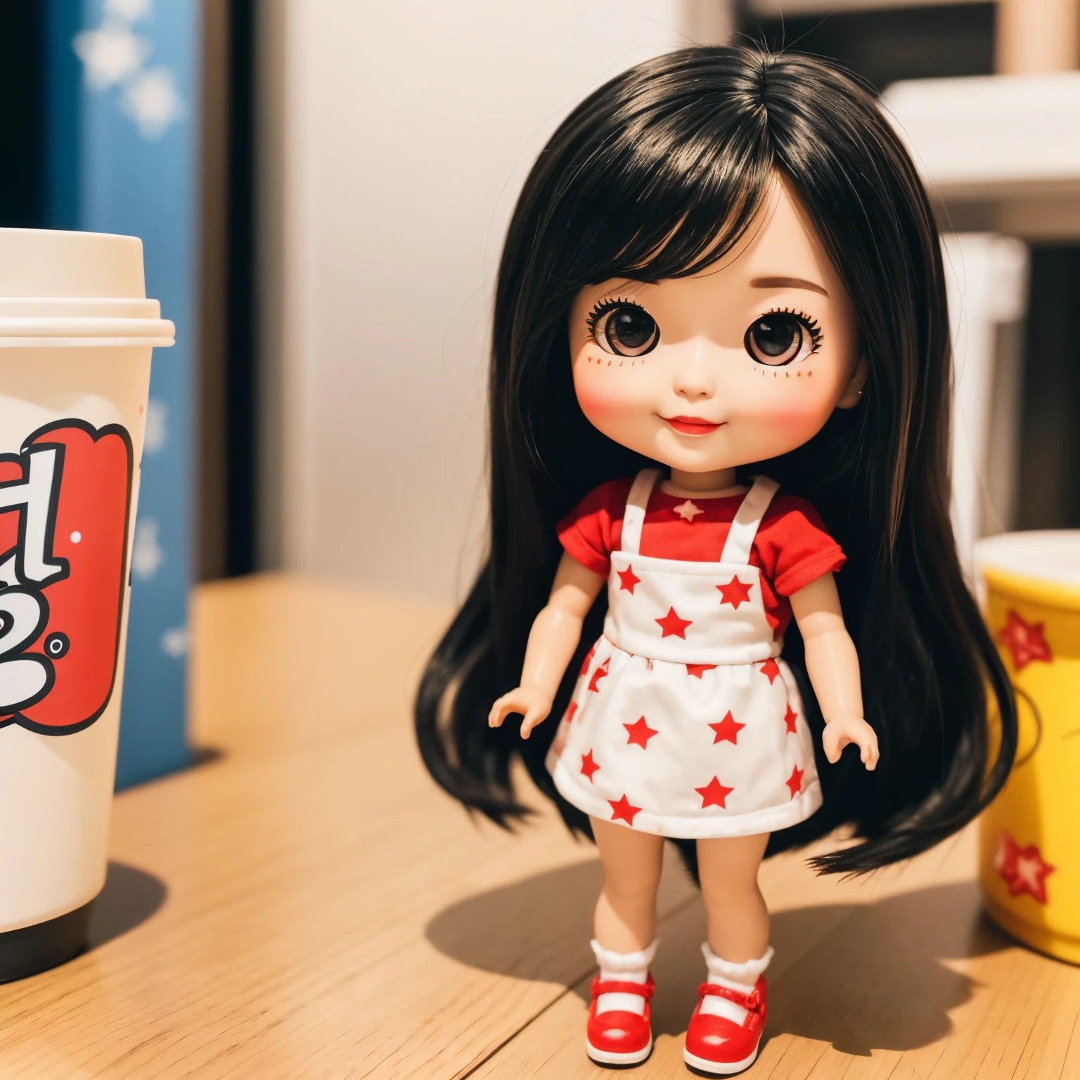 There is a small doll on the lid of the cup noodles、A smile、Chibi Doll、Stars in the eyes（kirakira）、Eye Up、Long Black Hair、Laugh、Cute red shoes、Ultra Detail, radiant light、bio luminescent、Taken from the side、Stronger bokeh effect