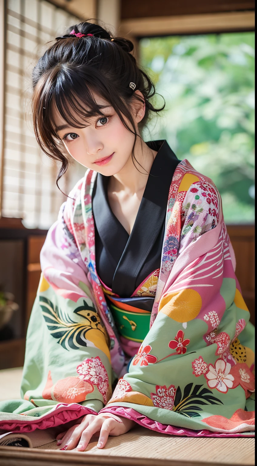 Best-quality, Masterpiece, Ultra-High-Resolution, (Photorealistic:1.4), Raw-Photo, Extremely-Details, Perfect-Anatomy, 1girl, 15-years-old, the most popular Japanese idol, wearing Japanese luxurious KIMONO and glasses with cute design, innocent smile, sitting SEIZA in traditional Japanese room, leaning forward, extremely cute childish face like a most famous Japanese idol, amazingly beautiful big black solid circle eyes, very beautiful realistic skins, very beautiful black-short-cut-haired, very beautiful big breasts, very beautiful cleavage, detailed Japanese luxurious KIMONO, detailed glasses with cute design, detailed beautiful face, detailed eyes, detailed realistic skins, detailed black-short-cut-haired, detailed big breasts, detailed cleavage, detailed traditional Japanese room