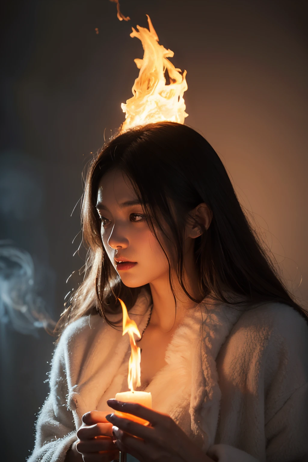 priestess body made out of ash cloud with burning nimbus, perfect fiery photography by Mark Mann, Wlop, Albrecht Dürer, wlop, muted wet colors, intricate detailed, stunning, fire, smoke, beautiful, cloudy, fluffy, static charge, sacral portrait, artistic masterwork by head of prompt engineering