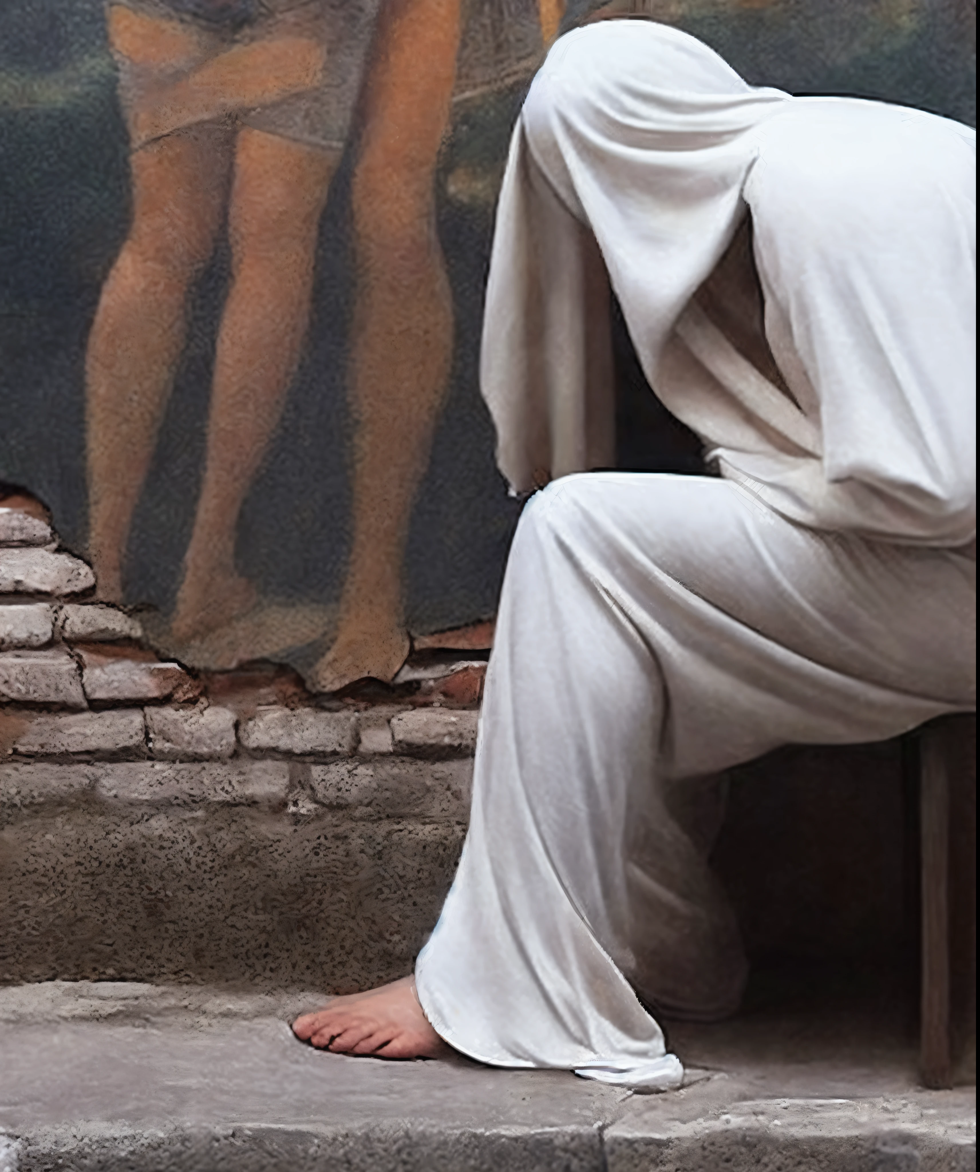 homme arafé in white robe assis on a banc devant a tableau, serge marshennikov, fully clothed. Peinture de sexy, inspired by Piero della Francesca, Nestor Canavarro hyperrealist, inspired by Silvestro Lega, inspired by William-Adolphe Bouguereau, inspired by Tommaso Masaccio, par Piero della Francesca