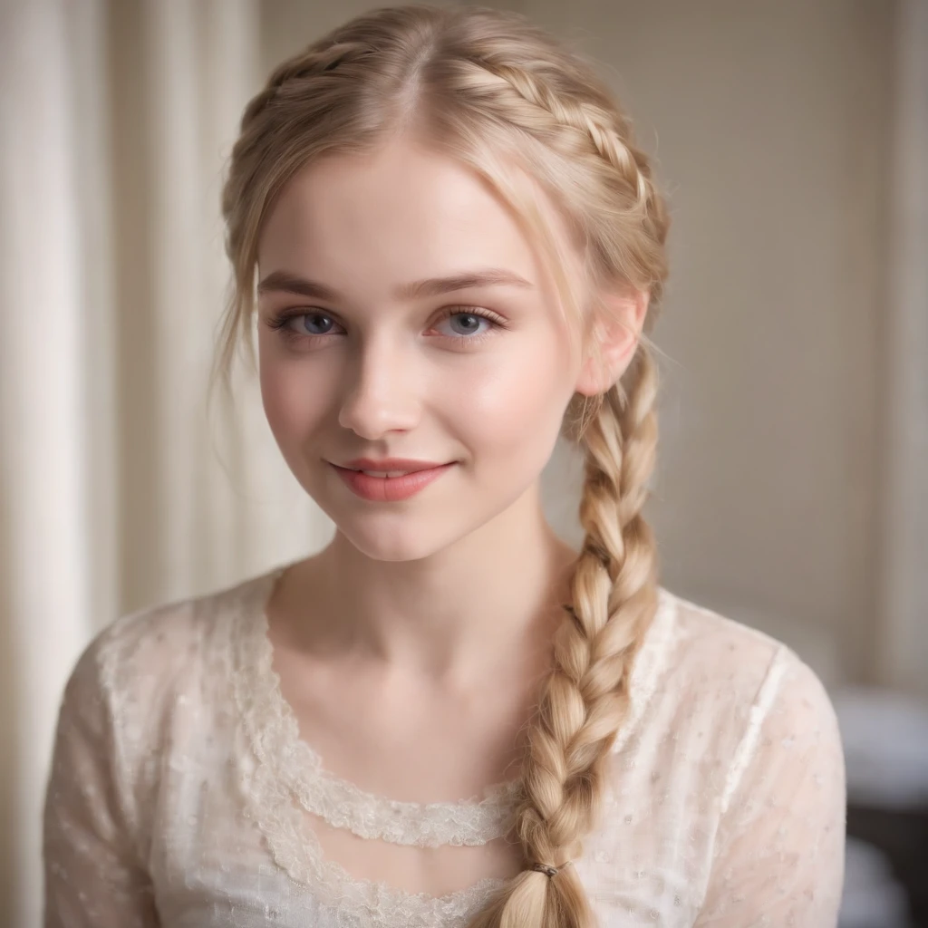 Young r gir, round face, bedroom, blonde hair, braid, smiling, very Pale skin