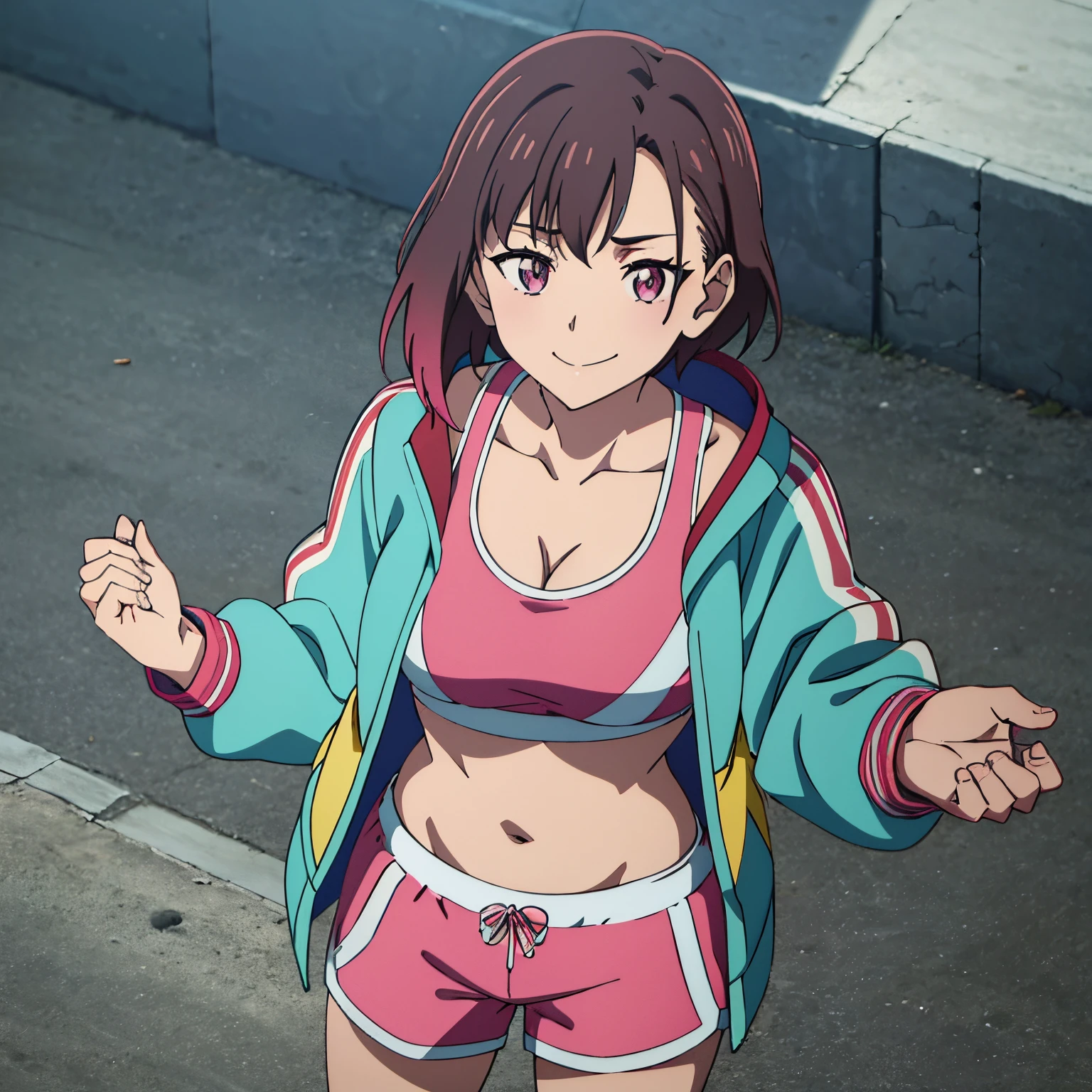 pov(from above),Masutepiece, Best quality, high resolution, ultra high resolution, Depth of fields,1girl,alone, shizuka mikazuki,short hair, brown hair, pink eyes, Hair pin, long sleeves, cleavage, big tits, collarbone, jacket, jacket outside, open jacket, multicolored jacket, sports bra, pink sports bra, with gray lines, sports shorts, pink sports shorts, with gray lines, embarrassed, smiling, seductive, makeup, day, partly cloudy ,city, street, standing,