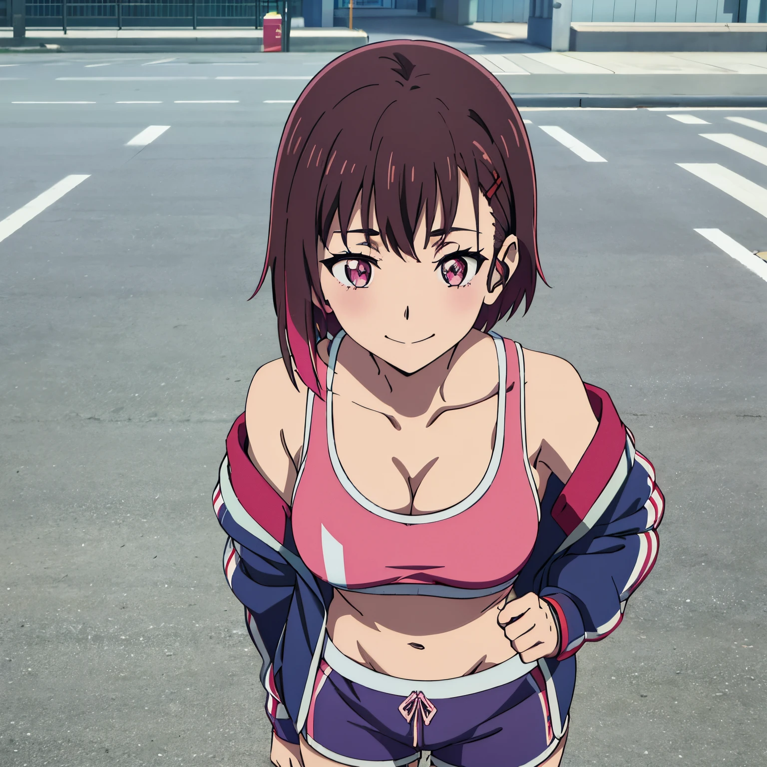 pov(from above),Masutepiece, Best quality, high resolution, ultra high resolution, Depth of fields,1girl,alone, shizuka mikazuki,short hair, brown hair, pink eyes, Hair pin, long sleeves, cleavage, big tits, collarbone, jacket, jacket outside, open jacket, multicolored jacket, sports bra, pink sports bra, with gray lines, sports shorts, pink sports shorts, with gray lines, embarrassed, smiling, seductive, makeup, day, partly cloudy ,city, street, standing,