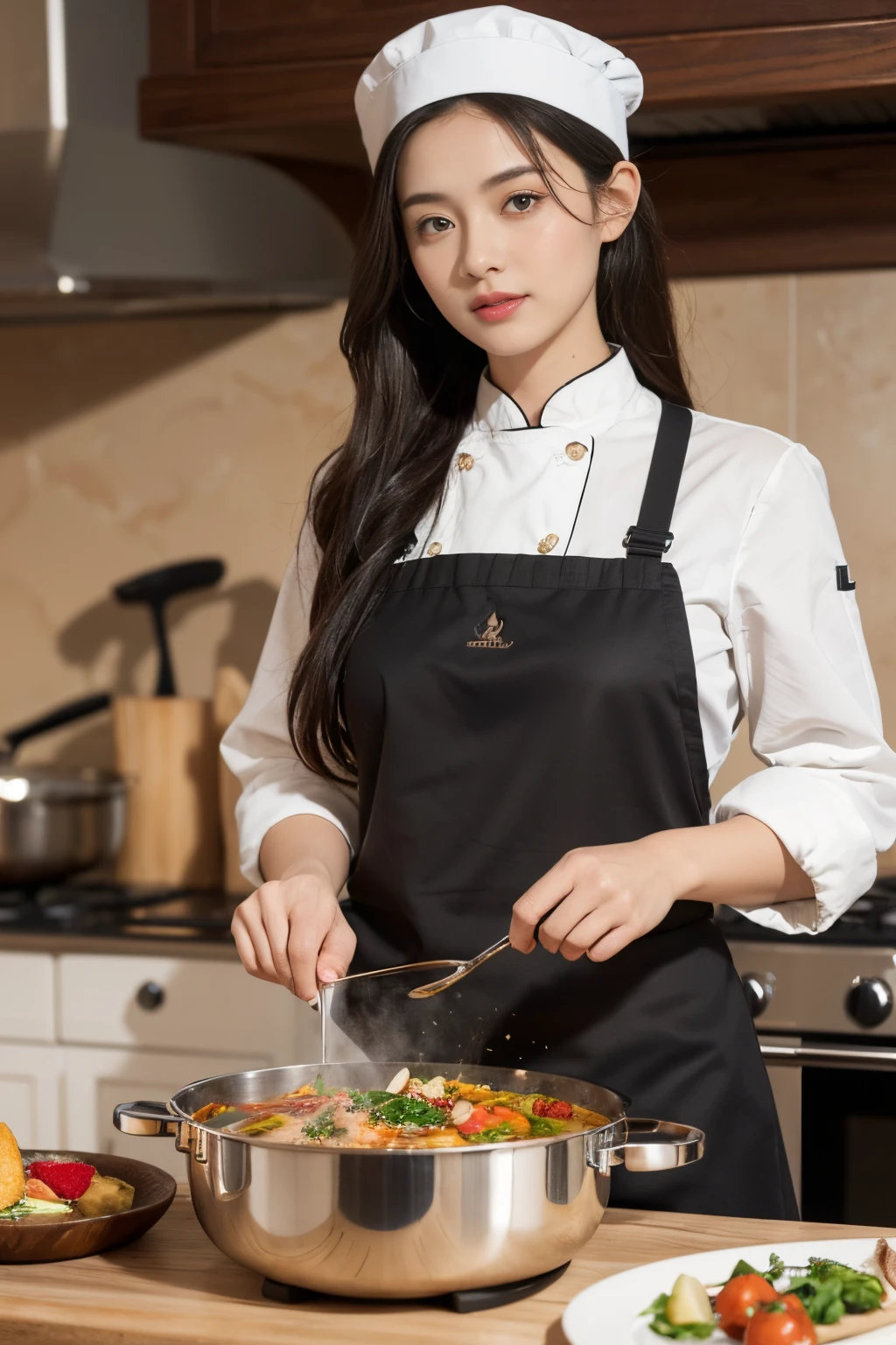 (Best quality at best,4K,8K,A high resolution,tmasterpiece:1.2),ultra - detailed,(actual,realisticlying,Photorealistic:1.37),sportrait,1 girl, cook, Wearing a chef's uniform, mini-skirts, Beautiful and delicate eyes and lips, Elegant,Creative,gentlesoftlighting,a warm color palette,kitchens,artistic,cooking a,professional,food art,The art of cooking,Presentations,roast,gourmet cooking,colorful ingredients,Delicious aroma,cooking spices,Handmade,Innovative technology,State of the art cookware,Delicate electroplating,Taste harmony,Enthusiastic,Fantastic background,Masterpiece unfolds, Gastronomic experience