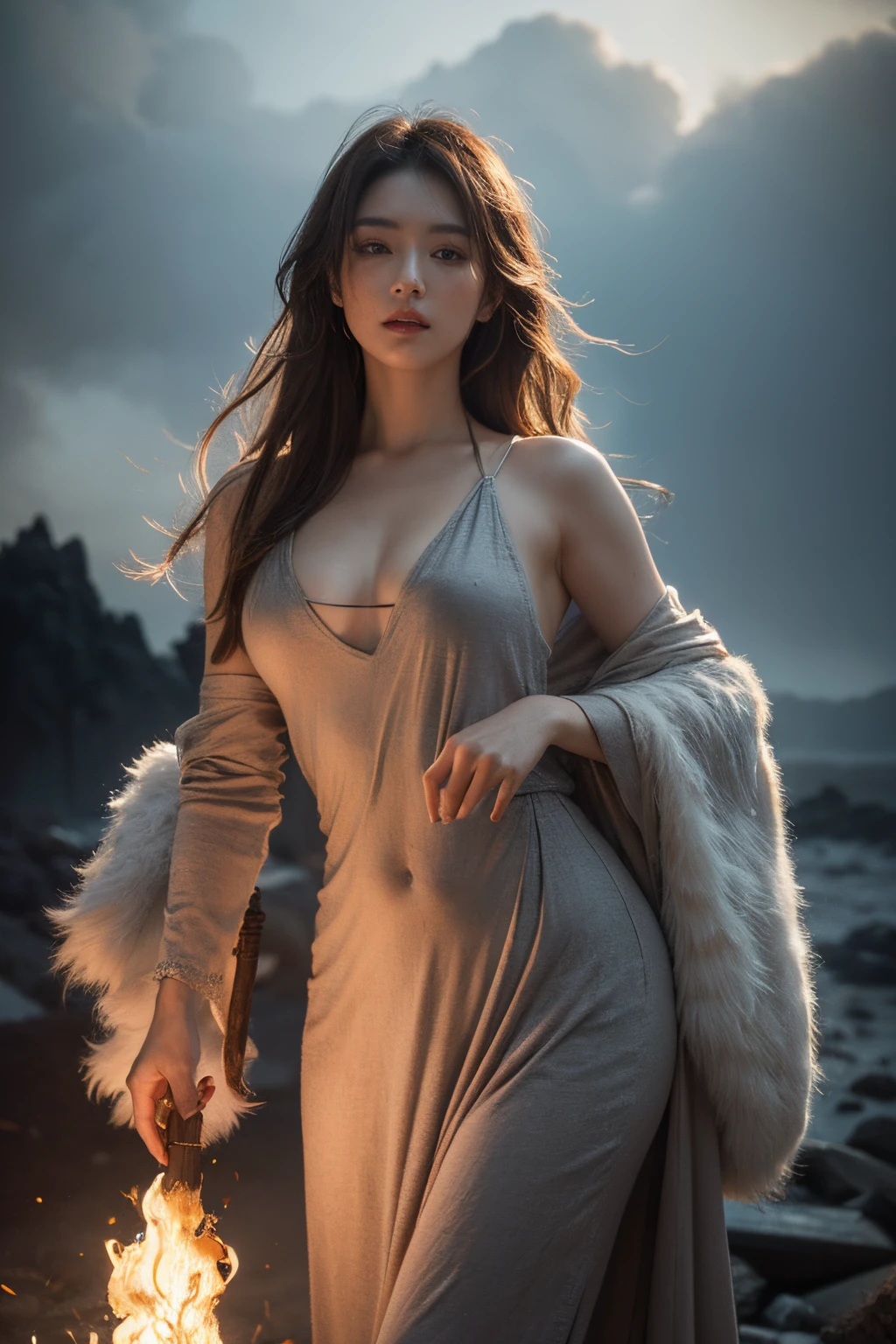 A perfect masterpiece,realisticlying,8K,超高分辨率,Perfect image,Perfect detailing,Very detailed facial details,detailed hairs,Perfect light,Perfect halo,perfect shadow。 (Look ahead)Mature female in her 20s,lovely and delicate,with dynamism,Mature dressing style(Show your figure),Long hair with a shawl,Black and bright,Seductive eye,Tall nose,Distinctive facial features,a face with perfect proportion,bangle,choker necklace,Slightly larger breasts,busty figure,Thin waist and wide hips,a plump buttocks,Perfect body proportion,Natural head-to-body ratios,delicate finger,Sexy groin(Rich in detail),Very consistent with human anatomy。 The background is the sea,sitting on the stone,Dignified and generous。 Surrounded by the sea,full body shot of,depth of fields,dramatic shot,dyna,perfect shot,Naturally beautiful。