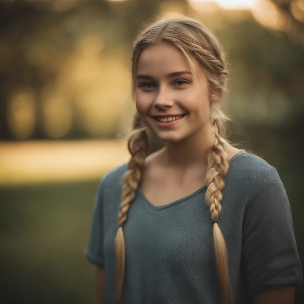 Young Teenager gir, round face, bedroom, blonde hair, braid, smiling, very Pale skin, outdoors