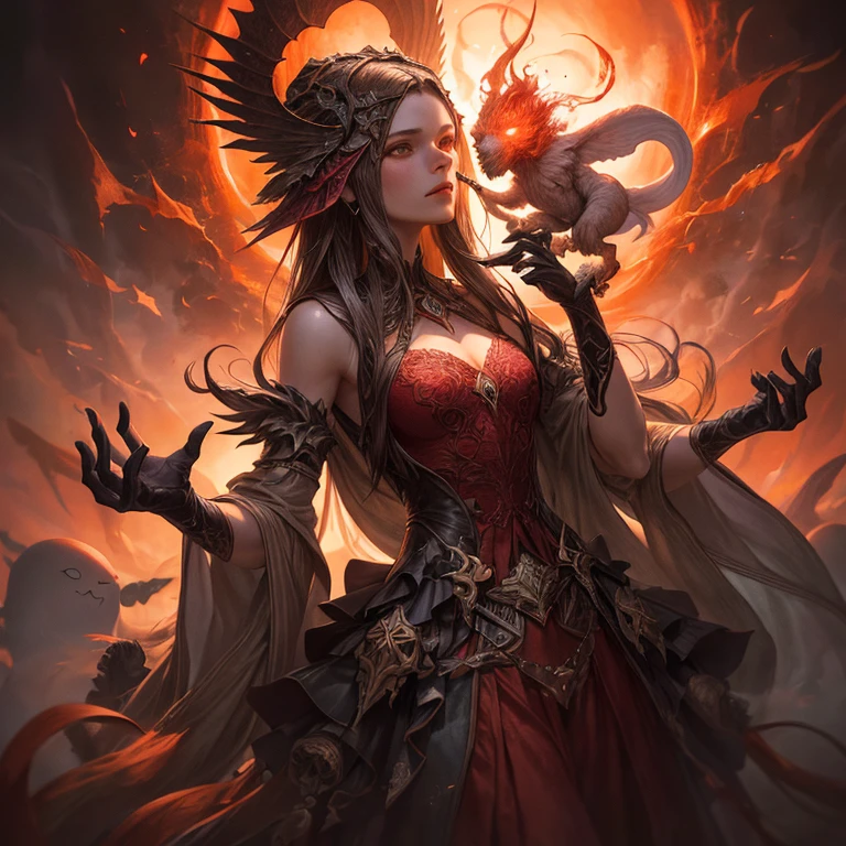 sorceresses, maximalist, cast a spells, dark, fantasy, surreal, surrounded by ethereal ghost glowing red flying around, Agostino Arrivabene style, SFW, masterpiece, best quality, high resolution, ultra realistic