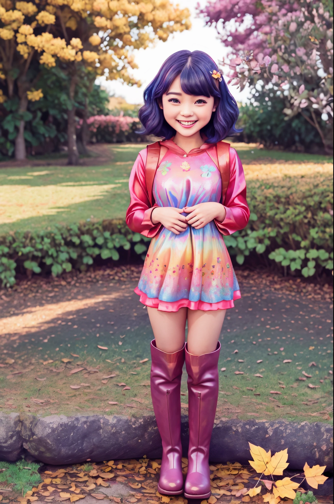 Stand in front of the photo、1girl in,Full body,a short bob,long boots,Open mouth and big smile、kawaii pose、Flowing iridescent silk、up of face、Eye Up、Colorcon with heart pattern、Floral dress、There are flowers even in front of you、flower petals、Fallen leaves and dragonflies、season!!:autumnal☀ 🍂