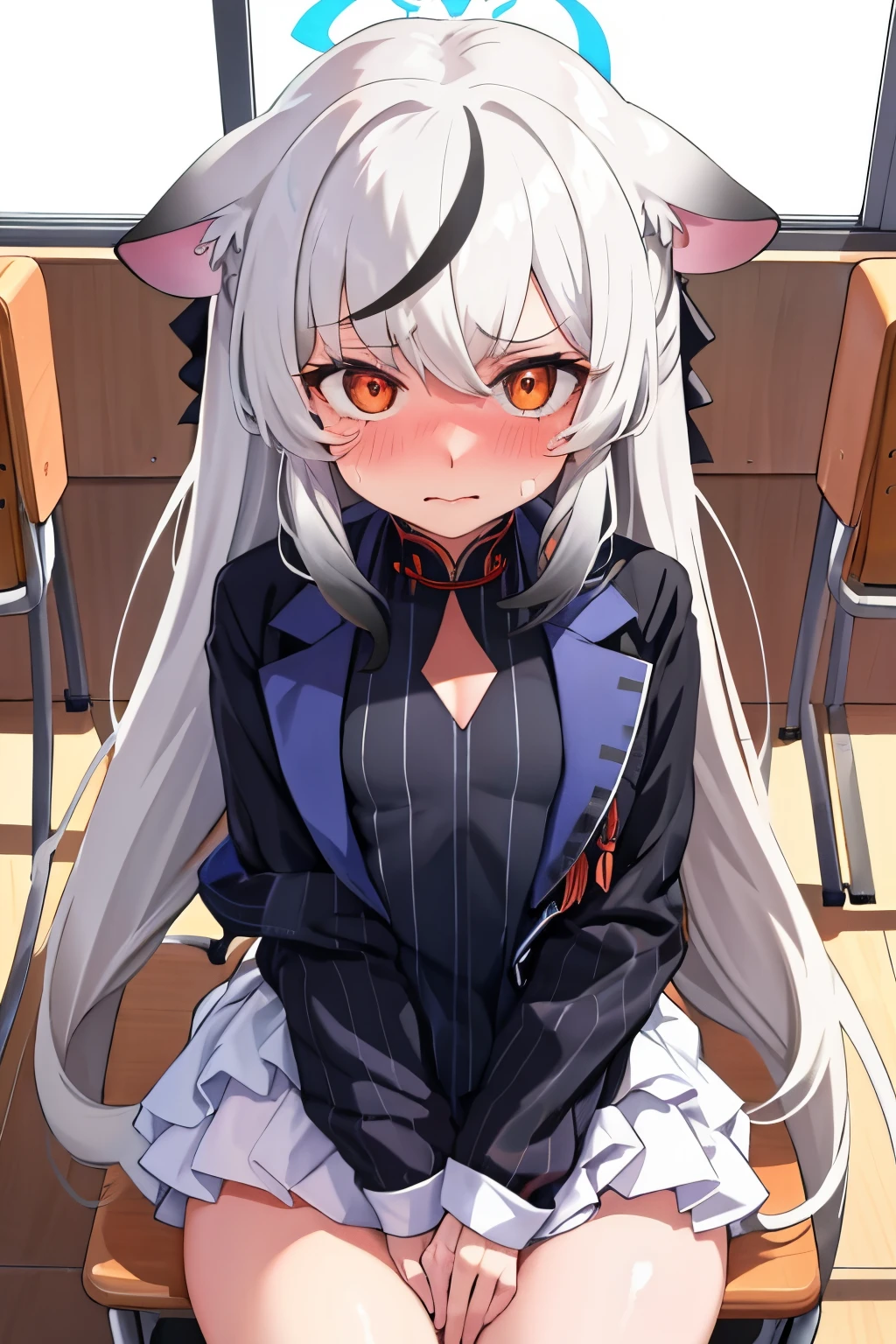 1girl, kokona, indoors, orange eyes, white hair, :3 mount, embarrassed, beautiful eyes, beautiful lips, shiny lips, extremely detailed eyes and face, long eyelashes, close-up, warm lighting, vibrant colors, looking at the viewer, embarrassed look, blush, sitting in a classroom chair