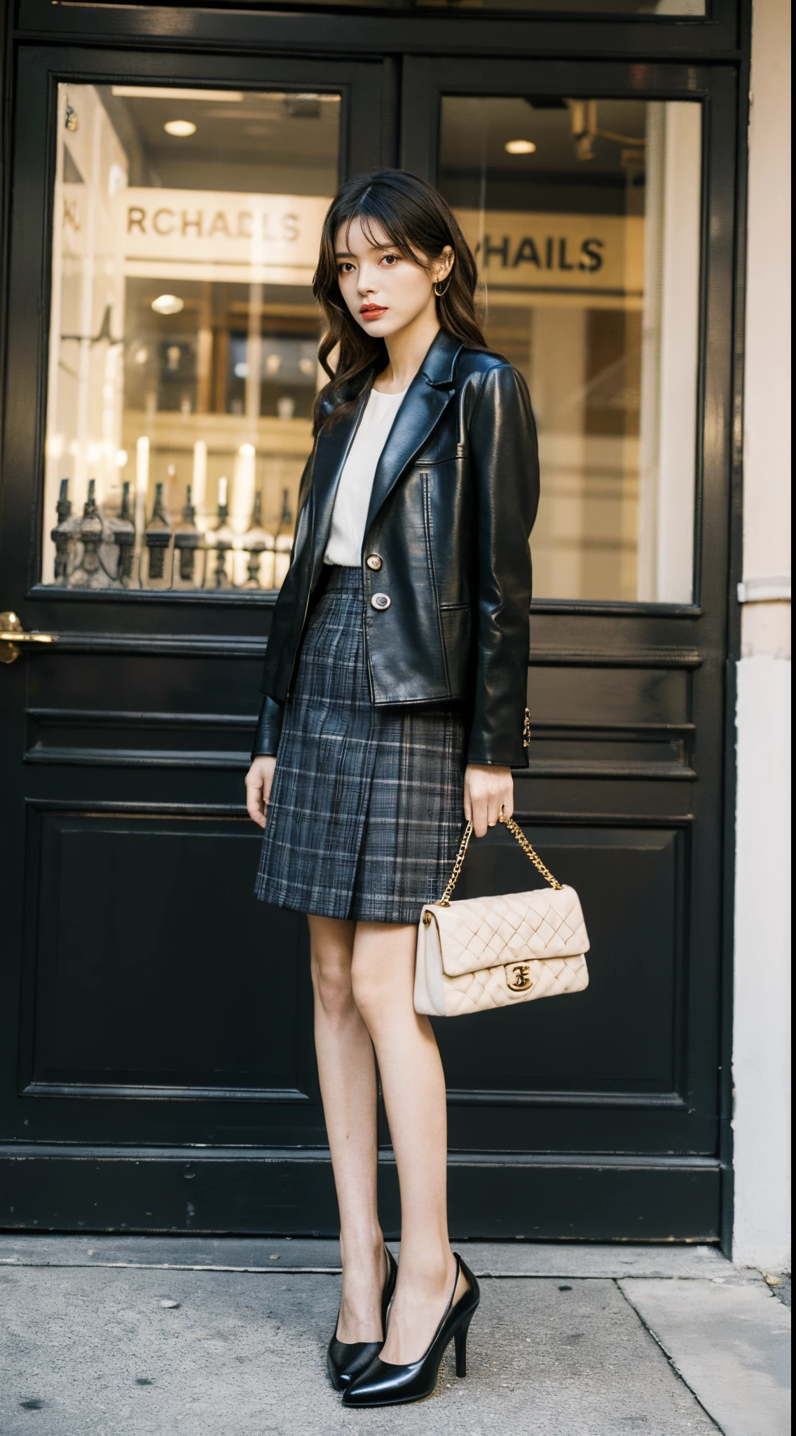 Best quality at best,tmasterpiece,超高分辨率,(realness:1.4),RAW photogr,hyper HD，8K，There is one girl，Fashionable clothes,Chanel style，Stylish skinny suit, wearing jacket and skirt,high-class fashion，ellegance, White and black clothes, short skirt and a long jacket, lacepantyhose，best selling, Mary Jane small leather shoes