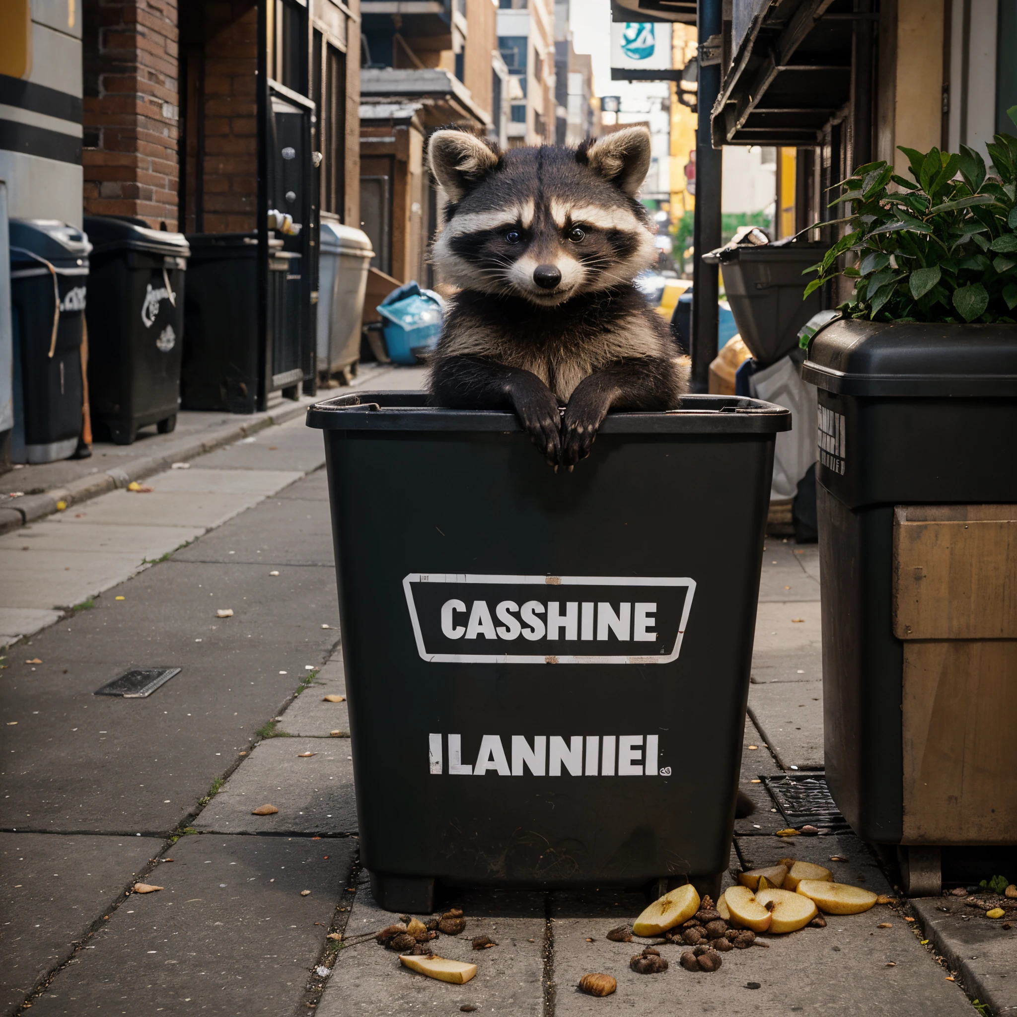 "Create an emoji featuring the 'Raccoon Trashcan Bandit,' where a sly and adorable raccoon, with a classic black bandit mask, peeks out from an alley trashcan. In its tiny paws, it firmly holds a half-eaten apple, shining like a treasure. The raccoon's expression should be triumphant and mischievous, as if it's just pulled off a grand heist. The trashcan should look typical, emphasizing the juxtaposition of the urban environment and the raccoon's wild nature. Ensure the design is clean, with bold lines and expressive features that remain clear and engaging at a small scale, embodying the whimsy and charm of our furry urban adventurer."