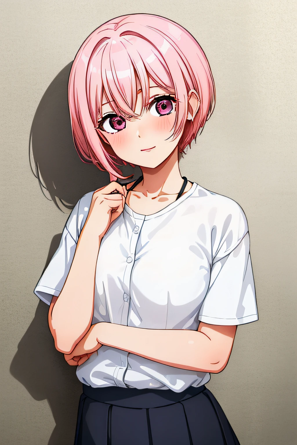 neocoill, obra maestra, mejor calidad, 1girl,school clothes beautiful very detailed angel face very cute eyes short pink hair black eyes thin small breasts cute super cute and shy but adorable attitude small height like a super adorable anime girl in different very detailed expressions of happiness