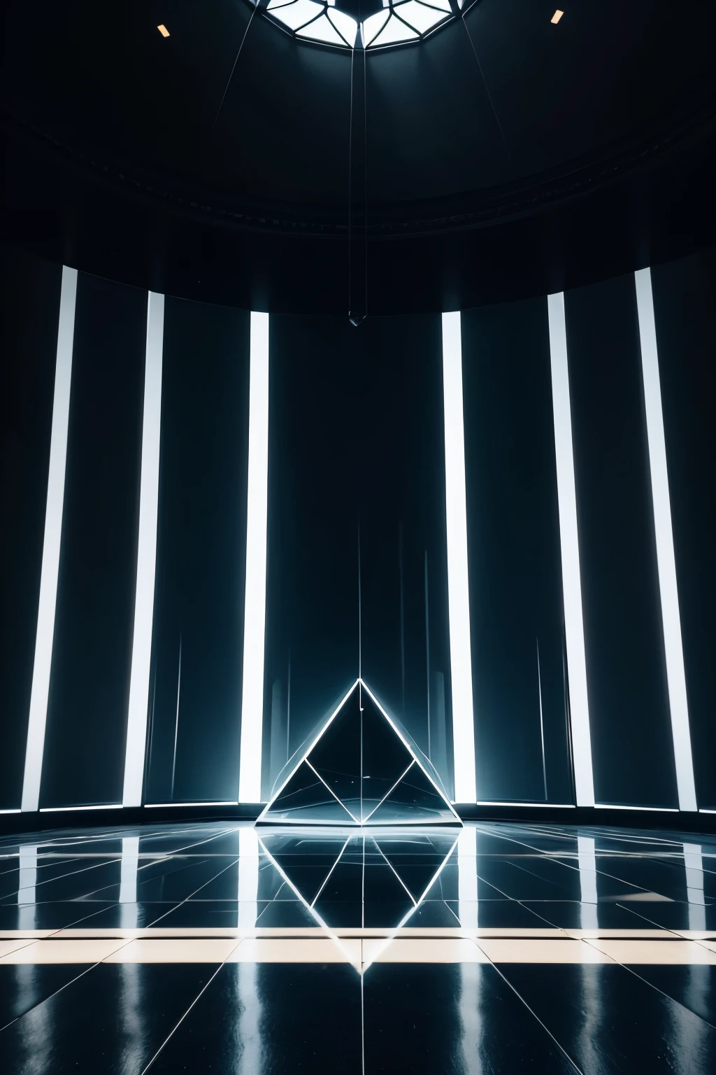 black setting, with black floor, but there are lights illuminating the environment, there is a large glass window in the shape of a large diamond, the diamond-shaped window is large, the environment is ready to be recorded a pop music video, background, complete , scenery, photo shoot.