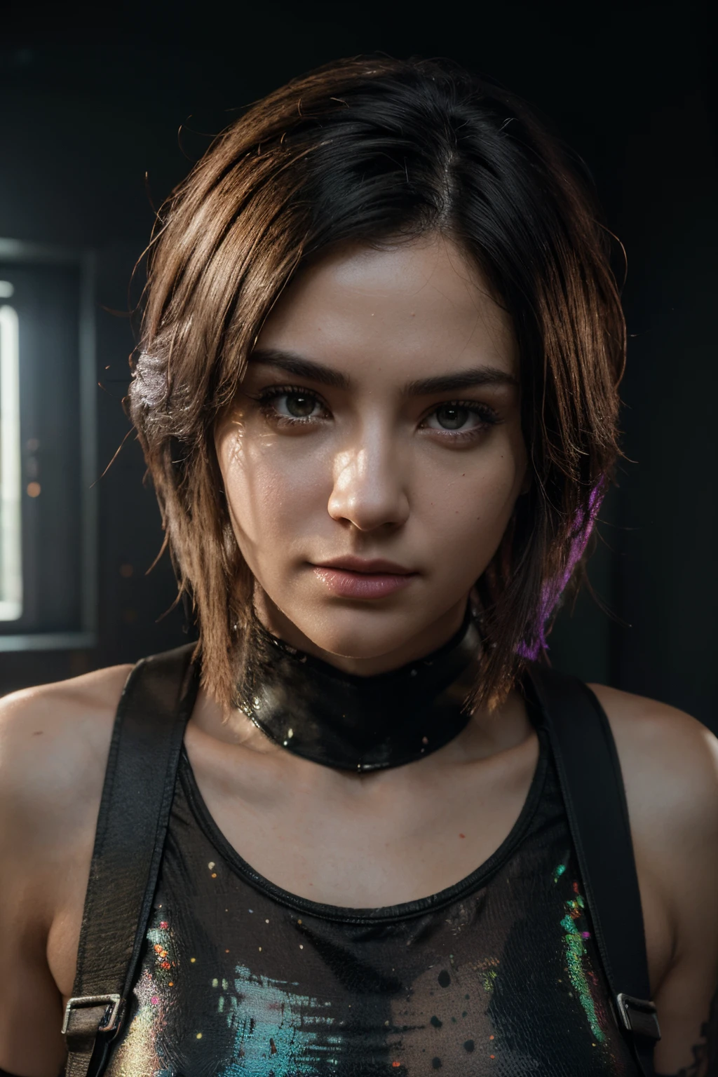 ((Best quality)), ((masterpiece)), (highly detailed:1.3), 3D, beautiful punk woman with thick voluminous hair,pw,swpunk,synthwave,paint splatters,HDR (High Dynamic Range),Ray Tracing,NVIDIA RTX,Super-Resolution,Unreal 5,Subsurface scattering,PBR Texturing,Post-processing,Anisotropic Filtering,Depth-of-field,Maximum clarity and sharpness,Multi-layered textures,Albedo and Specular maps,Surface shading,Accurate simulation of light-material interaction,Perfect proportions,Octane Render,Two-tone lighting,Low ISO,White balance,Rule of thirds,Wide aperature,8K RAW,Efficient Sub-Pixel,sub-pixel convolution,luminescent particles,