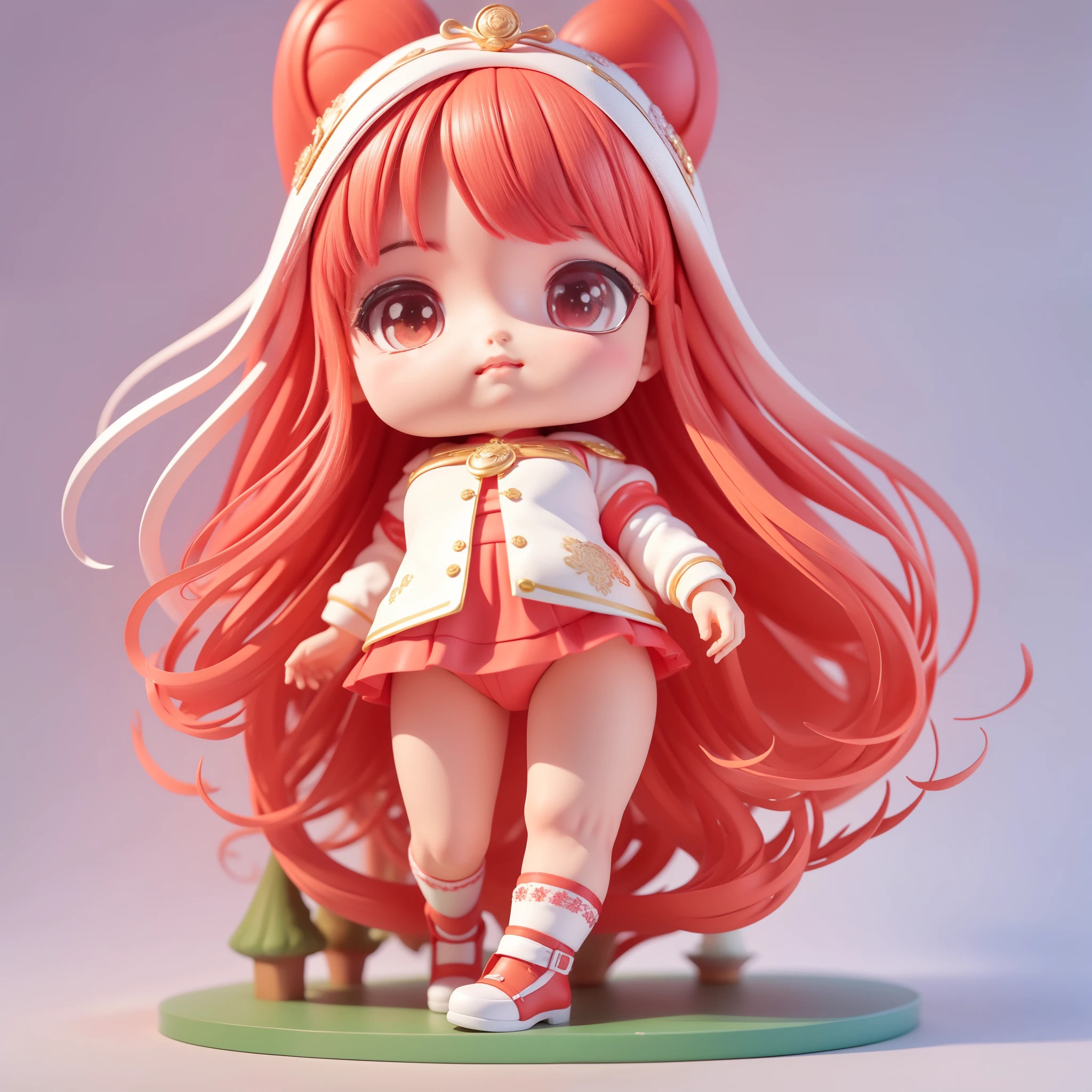 (tmasterpiece), (Better quality), (A lot of detail), (Full body lesbian: 1.2) ,(full bodyesbian:1.2),tchibi,Beautiful and cute girl, Fairy tale theme, (dressed in:Sophisticated red hooded dress,red head band, red long skirt,laced dress,White socks,Black leather shoes,(Complicated details:1.1), ),Eye depiction,Exquisite Hair,Bubble Mart Blind Box,Pastel tonal background , Colorful and simple,3 Rendering,Q printmaking style,Add a base,