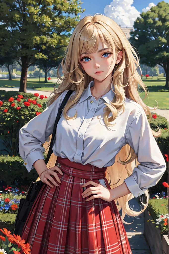 (masterpiece:1.2, best quality), (real picture, intricate details), 1lady, solo, upper body, casual, long hair, curly blonde hair, bangs, voluminous hair, very curly hair, messy curly hair, minimal makeup, natural fabrics, close-up face, expression: pouting at viewer, home, sharp eyes, blue eyes, medium sized breasts, 16 years old, wearing white shirt and red plaid skirt, background: university garden, flowers, trees, blue sky, clouds, pose: hands on hips, has band-aid on her cheek