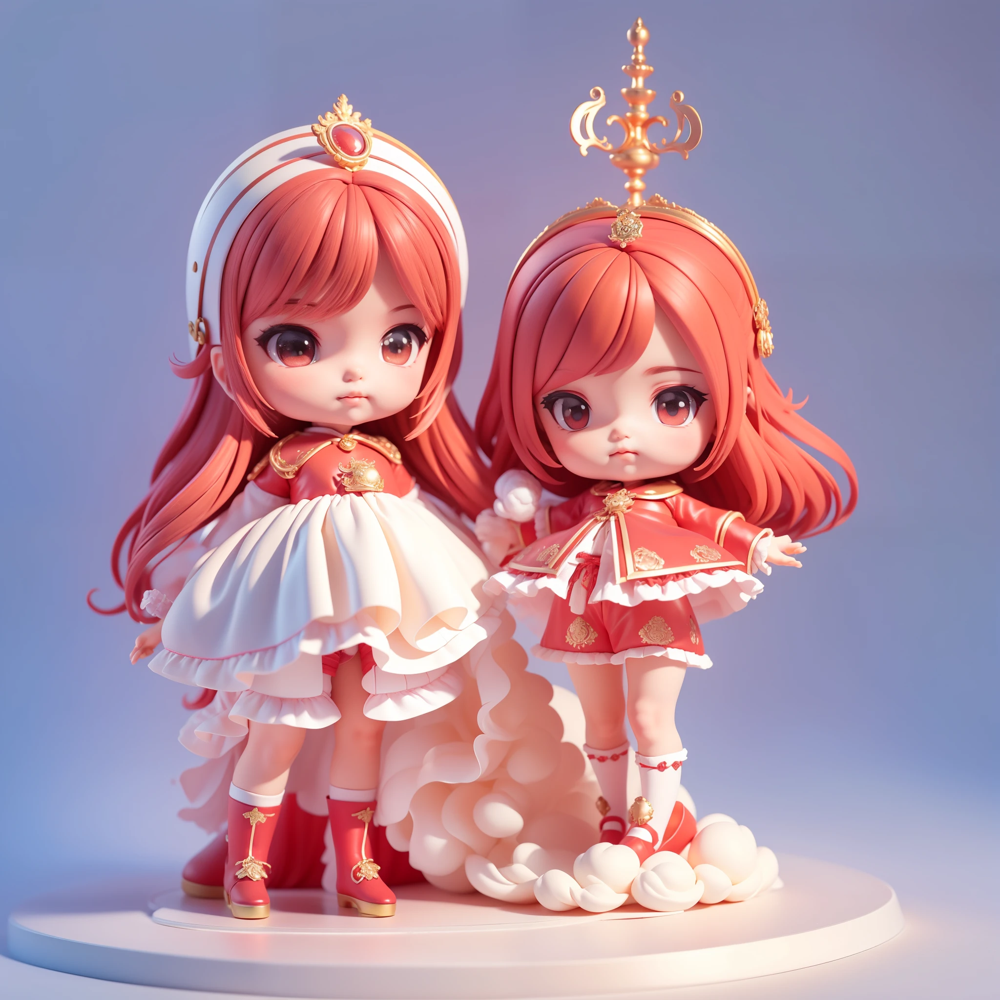(tmasterpiece), (Better quality), (A lot of detail), (Full body lesbian: 1.2) ,(full bodyesbian:1.2),tchibi,Beautiful and cute baby girl, Fairy tale theme, (dressed in:Sophisticated red hooded dress,red head band, red long skirt,laced dress,White socks,Black leather shoes,(Complicated details:1.1), ),Eye depiction,Exquisite Hair,Bubble Mart Blind Box,Pastel tonal background , Colorful and simple,3 Rendering,Q printmaking style,Add a base,