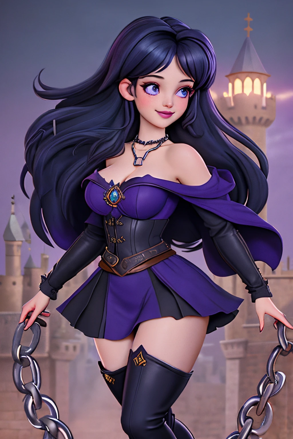 close up 1girl in, 20years, Solo, Aesthetic artwork, long dark blue hair, thick dark blue hair, Violet eyes, clear skin, pale skin, massive breasts, DD-Cup, cleavage, fit body, (round hips, thin waist: 1.25), (Sirius face, dark lipstick, mischievous smile:1.1), key necklace, (wearing full length wizard robes purple, corset, bare shoulders, thigh high boots, chains:1.1), (dancing pose:1.21), (detailed Castle roof background:1.1), rooftop, overlooking medieval city, 4k textures, soft cinematic light, RAW intricate, elegant, highly detailed, sharp focus, soothing tones, insane details, intricate details, hyperdetailed, low contrast, soft light, exposure blend, hdr, faded