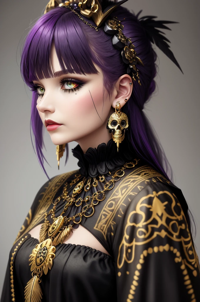 Beaded gold raven skull earings, gothic style