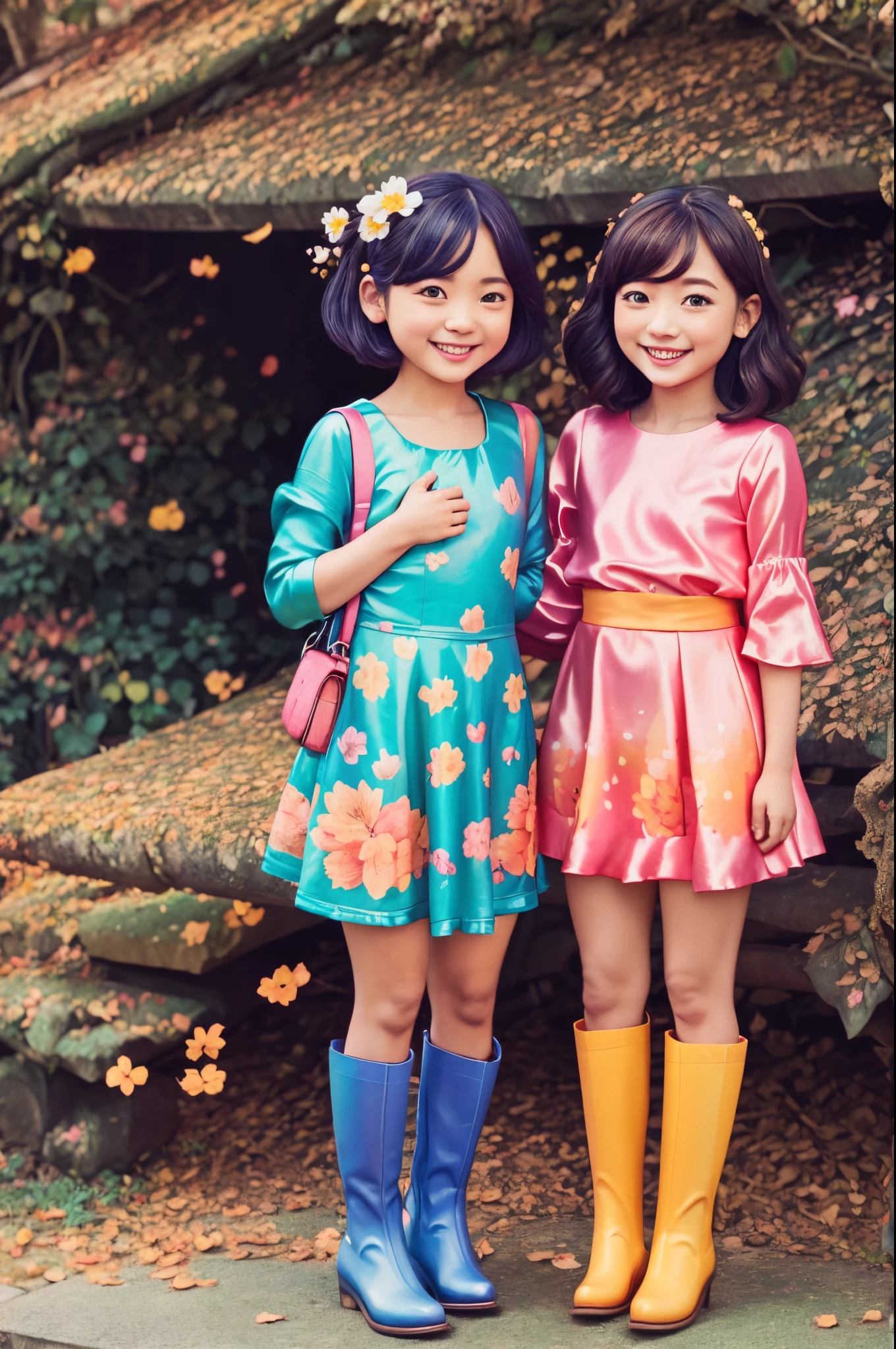 Stand in front of the photo、1girl in,Full body,a short bob,long boots,Open mouth and big smile、kawaii pose、Flowing iridescent silk、up of face、Eye Up、Colorcon with heart pattern、Floral dress、There are flowers even in front of you、flower petals、Fallen leaves and dragonflies、season!!:autumnal☀ 🍂