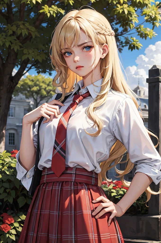 (masterpiece:1.2, best quality), (real picture, intricate details), 1lady, solo, upper body, casual, long hair, curly blonde hair, bangs, voluminous hair, very curly hair, blonde bombshell, messy curly hair, minimal makeup, natural fabrics, close-up face, expression: pouting at viewer, angry expression, sharp eyes, blue eyes, medium sized breasts, , wearing white shirt and red plaid skirt, red necktie, background: university garden, flowers, trees, blue sky, clouds, pose: hands on hips, has band-aid on her cheek