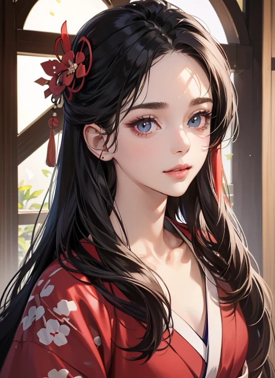 (((masterpiece), (extremely detailed CG 8k wallpaper, The best quality, only, 1girl, cinematography lighting, detailed background, beautiful detailed eyes, bright pupils, (an extremely delicate and beautiful), (Description of Eyes beautiful and detailed), ultra detailed, masterpiece,))), a painting of the story character Murasaki no ue genji, heian era lady, Japan, Ancient Japan, Ancient Japan, Noble Lady, dressed in a layered red kimono, junihitoe, piercing gaze, Masterpiece, Best quality, half body, portrait, 1 girl, anime, Japan, semi-realistic, young woman, smiling, pretty face, Beautiful, Color, genji monogatari, black hair, Extremely long hair, Long hair, Straight hair, blue eyes, almond eyes, symmetrical and bright eyes, small-nose, plump lips, full lips, pink lips, face symmetrical, oval face, fair skin, smooth skin, perfect body, beautiful body, slim waist, large breasts, illustration, extremely detailed, Smooth, High resolution, Ultra quality, detailed eyes, detailed mouth, detailed mouth, detailed face, detailed face, perfect eyes, both eyes are the same, real light, glowing, iridescent, global illumination, real hair movement, real light, real shadow, real face, glowing eyes, soft light, dreamy light