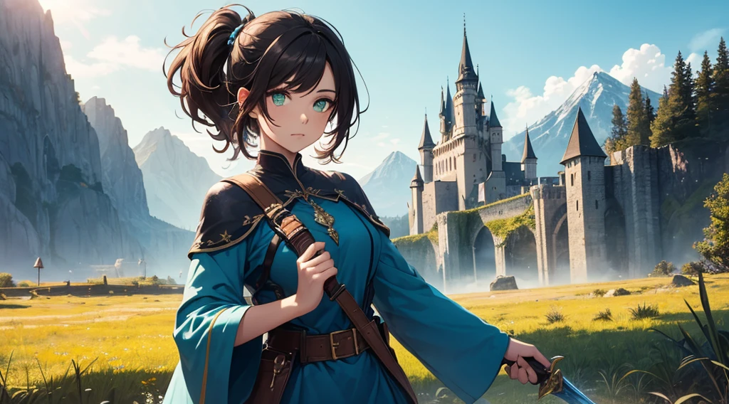 Design a fairy-tale illustration showing 10-year-old Princess Emilia with determined expression, curious eyes, loose flowing black hair. She is wearing brightly colored slim medieval armor-dress, cloak, and she holding small shining crimson amulet with metal border. Emilia standing beside faithful graceful unicorn named Celestia with spiral silver horn. They are located in crystal castle with blooming garden, misty mountains surrounding. Photorealistic fantasy trending on artstation, by artgerm and rossdraws, with dynamic lighting and volumetric rays, perfect contrast, Wide Angle, Depth of Field, hyper detailed. Kid’s storybook.