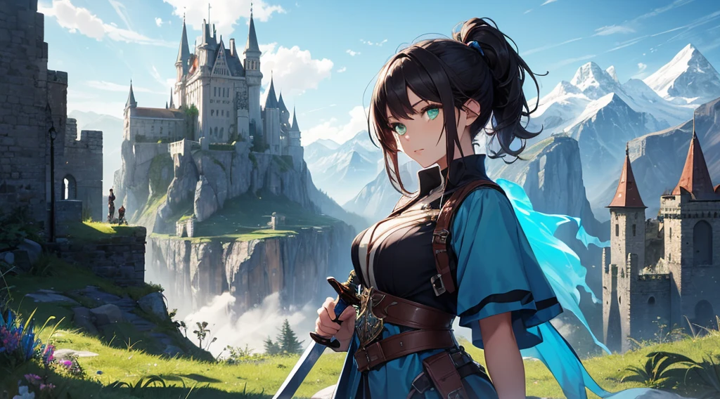1 woman with dark hair, green eyes, beautiful face, beautiful eyes, pony tail, blue tunic, holding glowing sword, nature, mountains, fantasy, castle, masterpiece, high quality, vivid colors