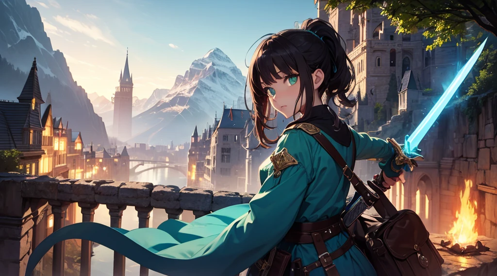 1 woman with dark hair, green eyes, beautiful face, beautiful eyes, pony tail, blue tunic, holding glowing sword, nature, mountains, fantasy, castle, masterpiece, high quality, vivid colors