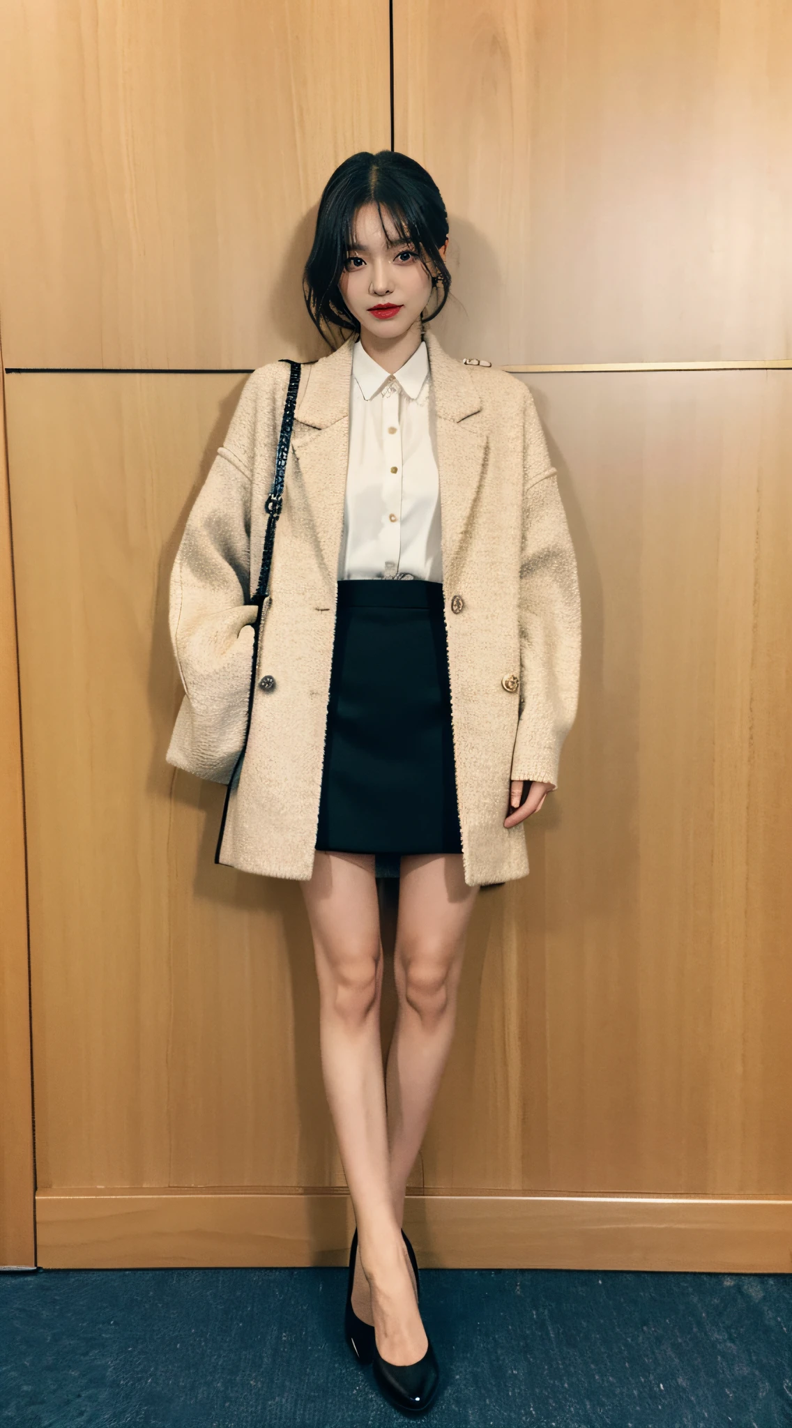 Best quality,tmasterpiece,超高分辨率,(realness:1.4),RAW photos,hyper HD,8K,There is one girl,Stylish clothes,Chanel style,Stylish skinny suit, wearing jacket and skirt,high-class fashion,ellegance, White and black clothes, short skirt and a long jacket, lace panty hose,best selling, Mary Jane small leather shoes