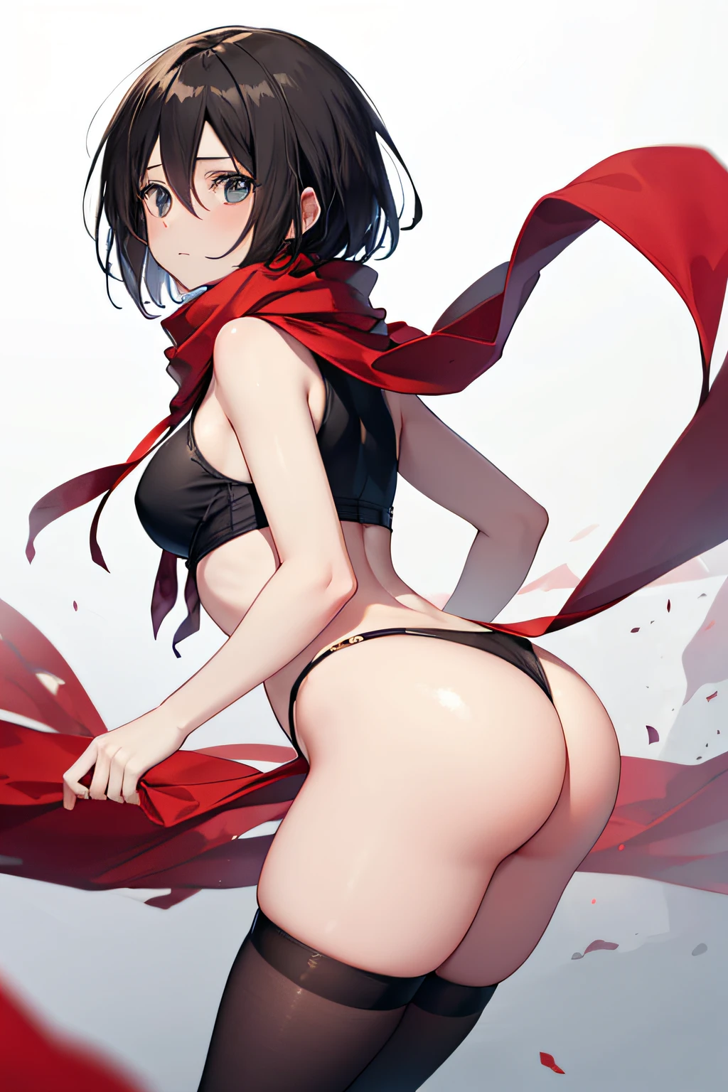 ((Masterpiece)), ((Best Quality)), 8K, high image quality, super detaill, Mikasa Ackerman, 1girl,solo,(A red scarf is tied around the neck.), Wear the Attack on Titan Survey Corps costume.,thong, stockings,large breasts,black top,black thighhighs,ass,Bare hands, black eyes, bright eyes,high quality eyes,bright background,navel,mature