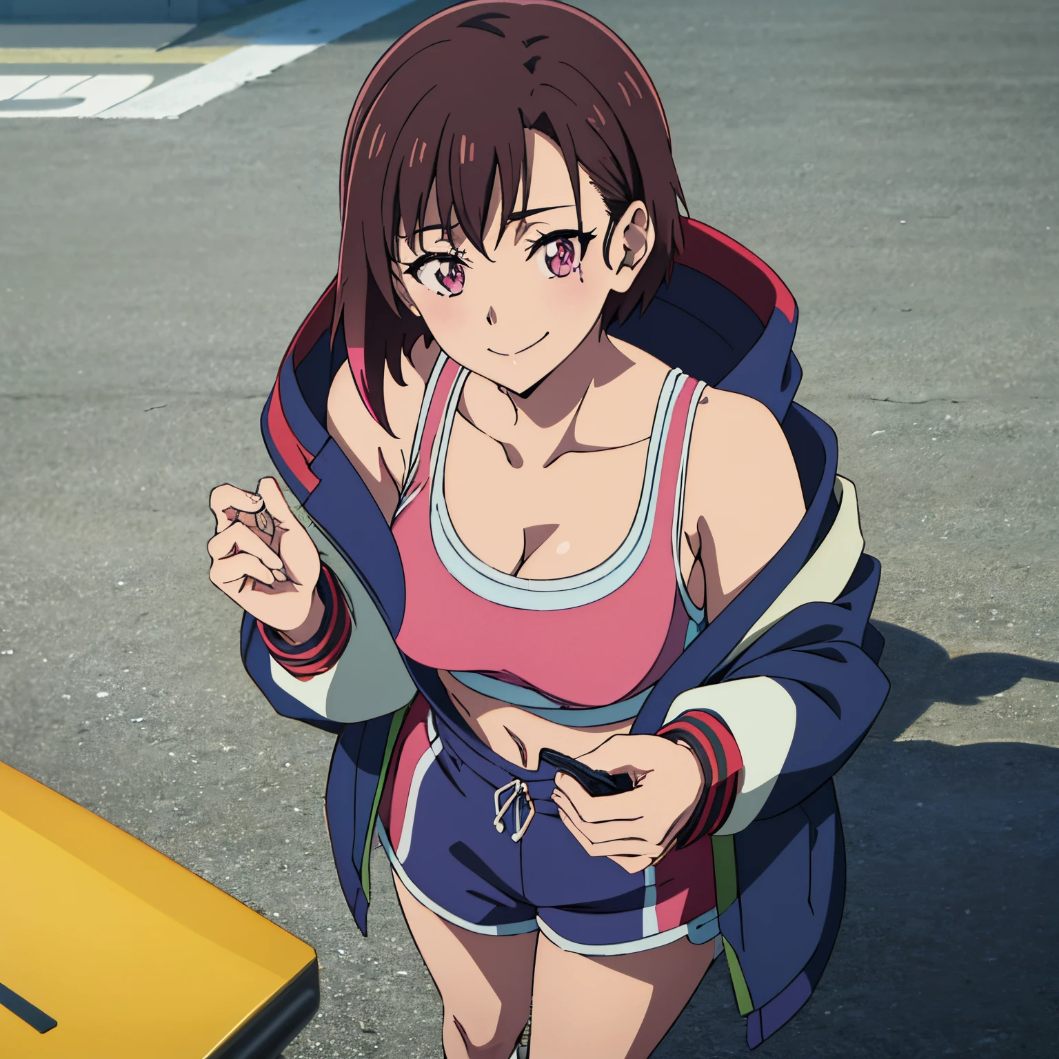 pov(from above),Masutepiece, Best quality, high resolution, ultra high resolution, Depth of fields,1girl,alone, shizuka mikazuki,short hair, brown hair, pink eyes, Hair pin, long sleeves, cleavage, big tits, collarbone, jacket, jacket outside, open jacket, multicolored jacket, sports bra, pink sports bra, with gray lines, sports shorts, pink sports shorts, with gray lines, embarrassed, smiling, seductive, makeup, day, partly cloudy ,city, street, standing,