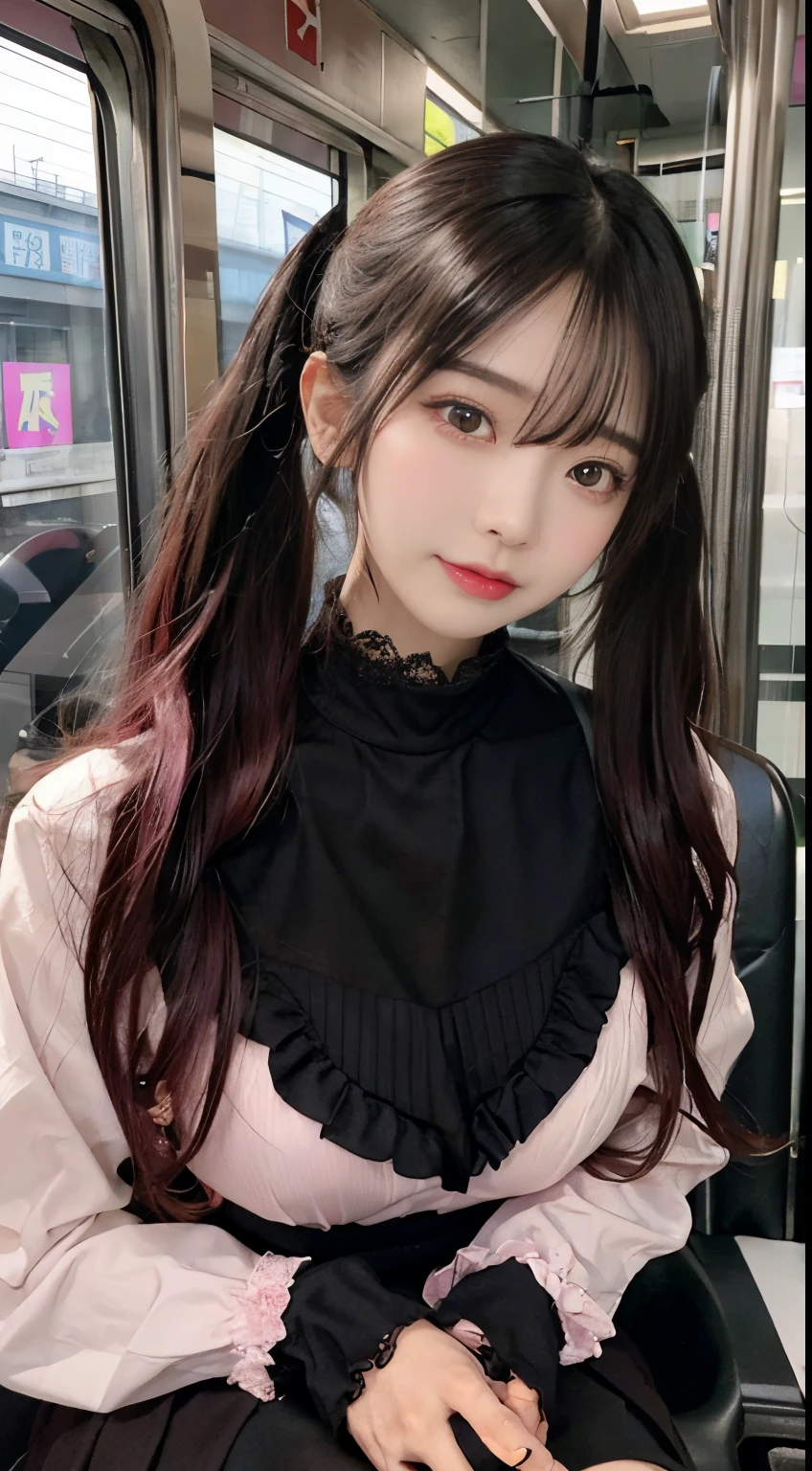 Korean Beauty，Sitting on the train，（（（tmasterpiece）））， （（best qualtiy））， （（intricate detailes））， （（Ultra-realistic realism））， Ridiculous resolution， A MILF， Mature Woman， ighly detailed， illustratio， 1girll，（（Large breasts））， perfect hand， Detailed finger， Beautiful detailed eyes， Lowered twin tails， Colored inner hair， Very long black hair, Very bright pink hair， with brown eye， Name badge， （ Korean style long sleeve dark pink ruffle lace up pleated skirt， Black knee-high socks:2.2），detailedbackground， perfect  eyes， mesmerizing eyes，Slightly open mouth, ((One fragile girl:1.2))