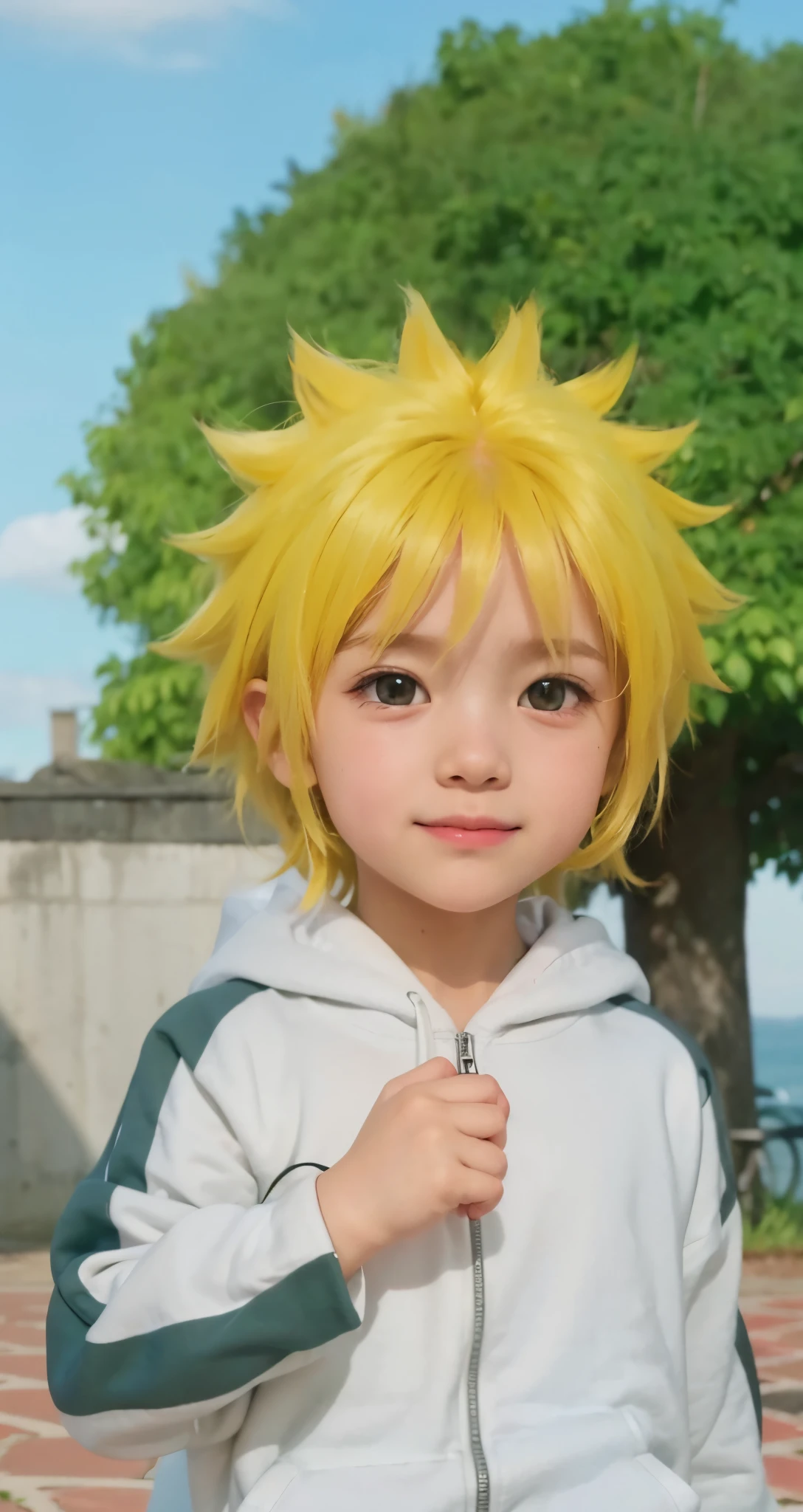 Real life adaption of this character , The handsome face of a boy, realistic same hair , (realistic same Hoodie outfit), realistic background , realistic light, realistic shadow, realism, hyper realistic,(photorealistic:1.2), normal small eyes,