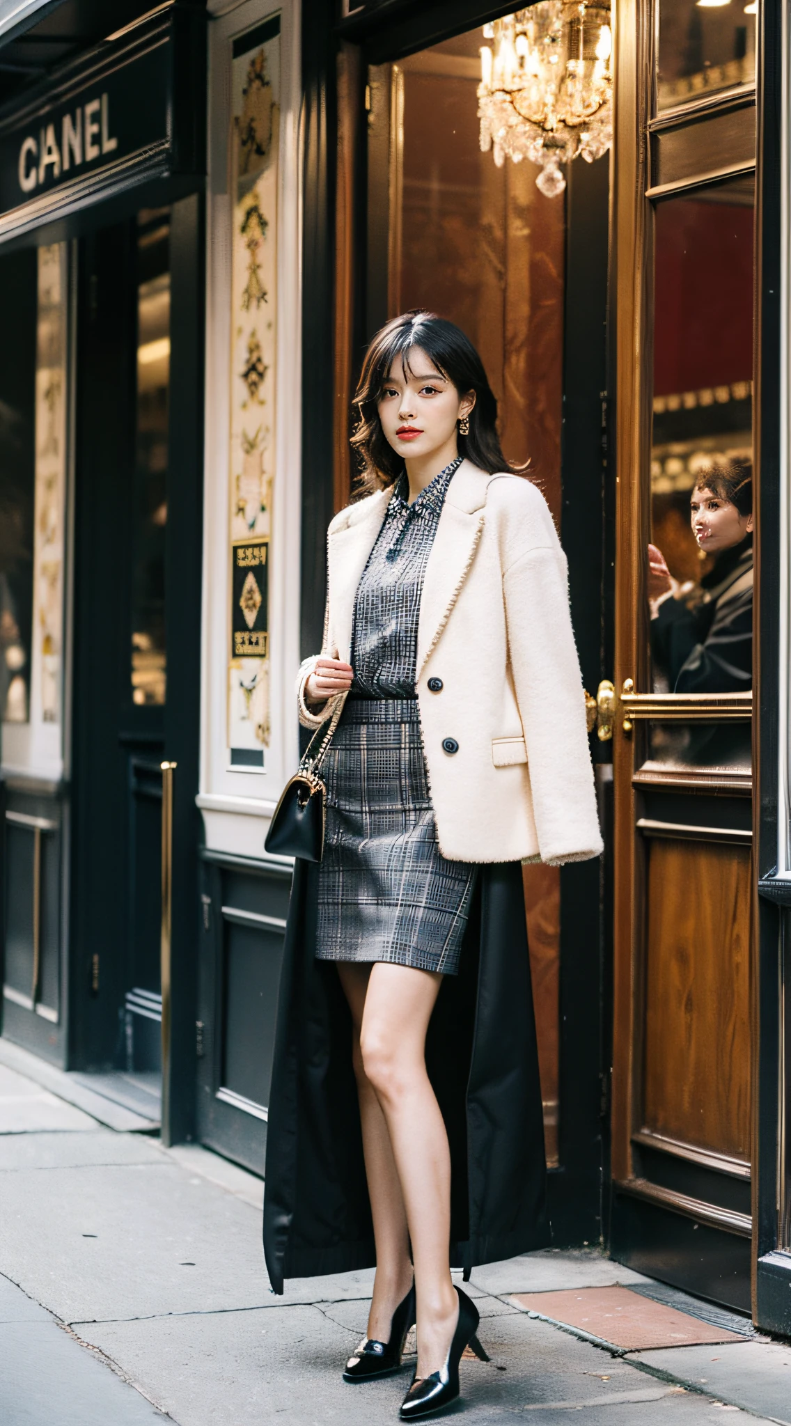 Best quality,tmasterpiece,超高分辨率,(realness:1.4),RAW photos,hyper HD,8K,There is one girl,Stylish clothes,Chanel style,Stylish skinny suit, wearing jacket and skirt,high-class fashion,ellegance, White and black clothes, short skirt and a long jacket, black pantyhoses,best selling, Mary Jane small leather shoes