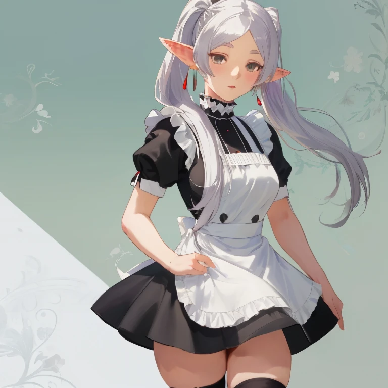 Frieren, twintails, earrings, maid dress, white hair, realistic, 1girl, thighs, (masterpiece), wallpaper