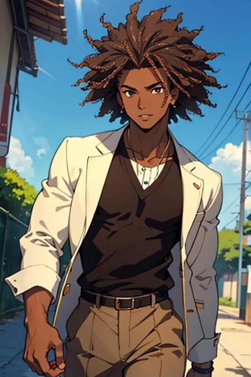 dark skin man, male, light brown eyes, full lips, sunlight, Afro brown hair, preppy Outfit, pretty, highly detailed, cinematic, epic, anime style